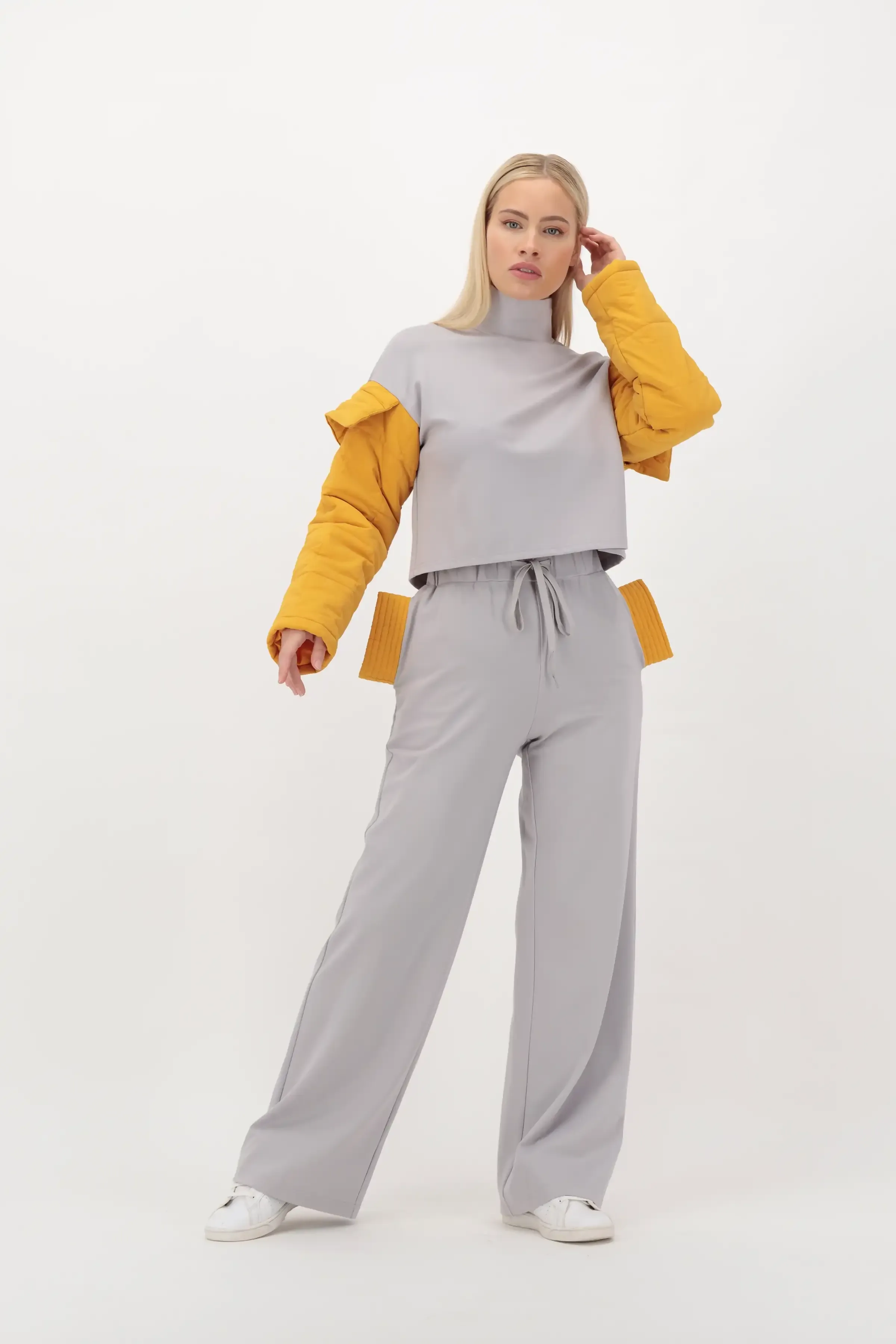 CROP QUILTED SLEEVE SHIRT & PANTS SET