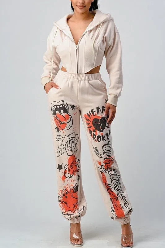 Cropped Jacket and Graphic Pants Set - Ivory