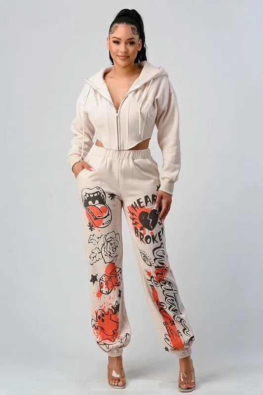 Cropped Jacket and Graphic Pants Set - Ivory