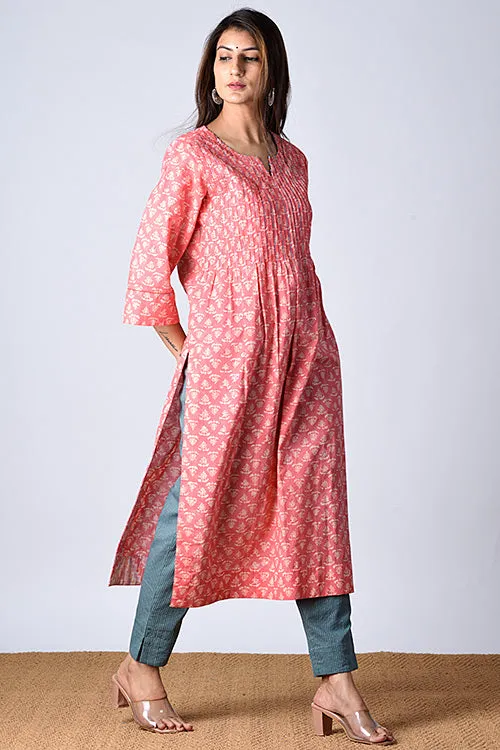 Dharan "Moonga Kurta" Peach Block Printed Kurta