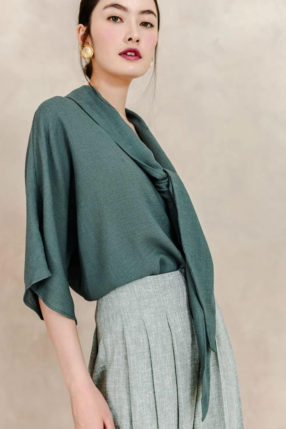 Esmeralda Straight Pleated Silk Linen Floor Length Pants