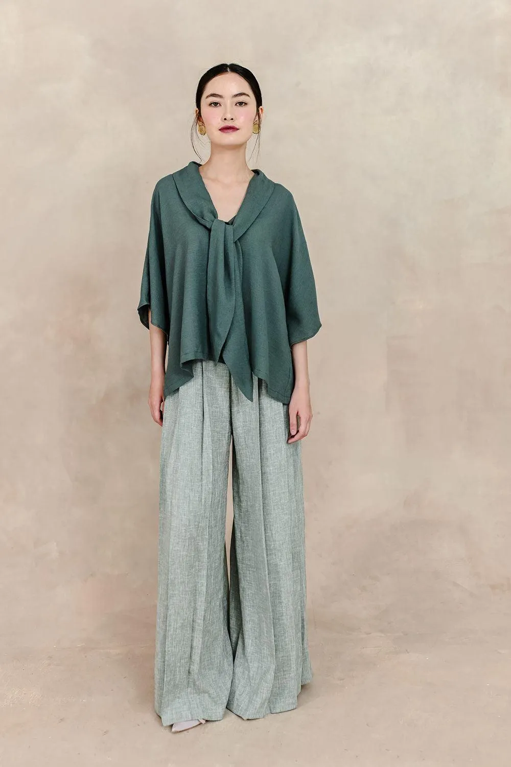 Esmeralda Straight Pleated Silk Linen Floor Length Pants