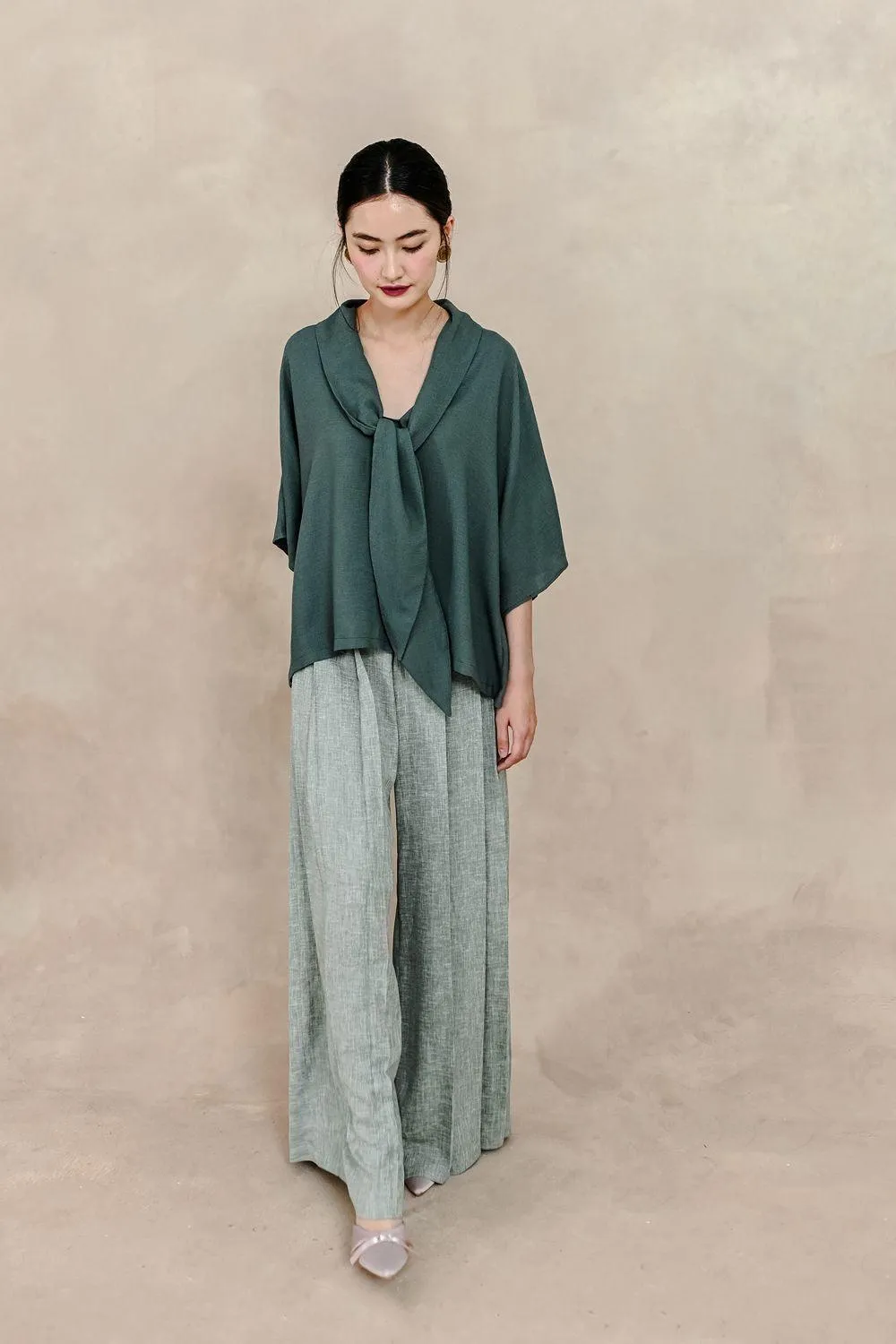 Esmeralda Straight Pleated Silk Linen Floor Length Pants