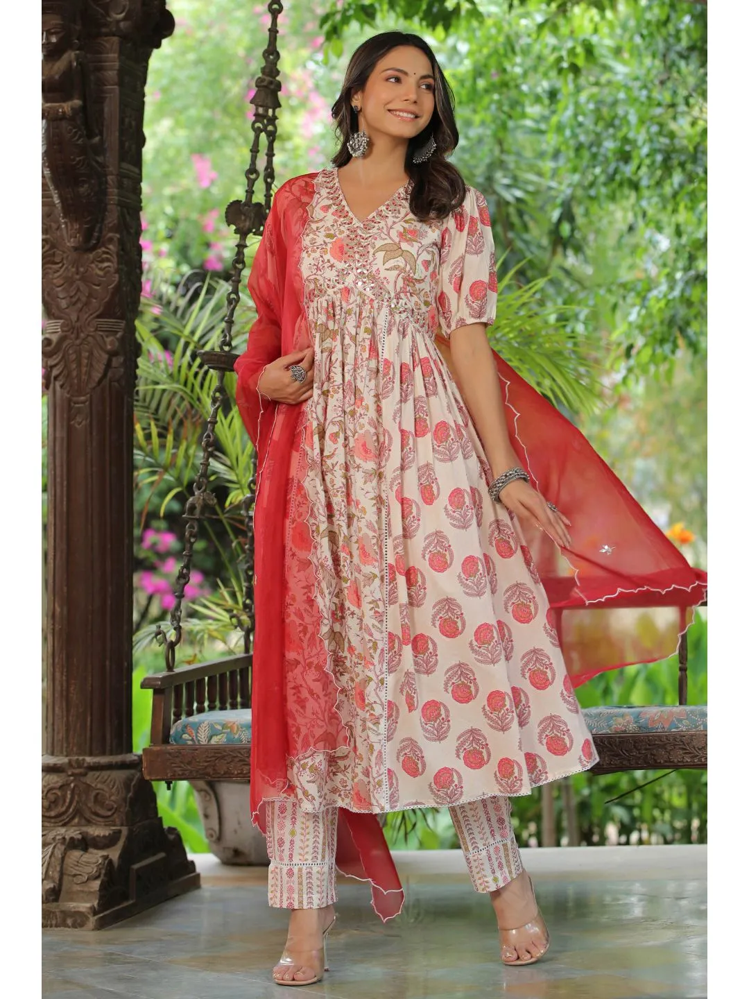 Jasmine White & Red Cotton Embroidery Suit Set