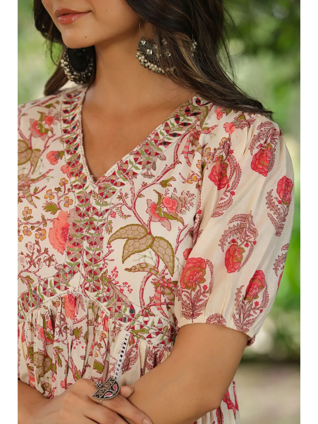 Jasmine White & Red Cotton Embroidery Suit Set