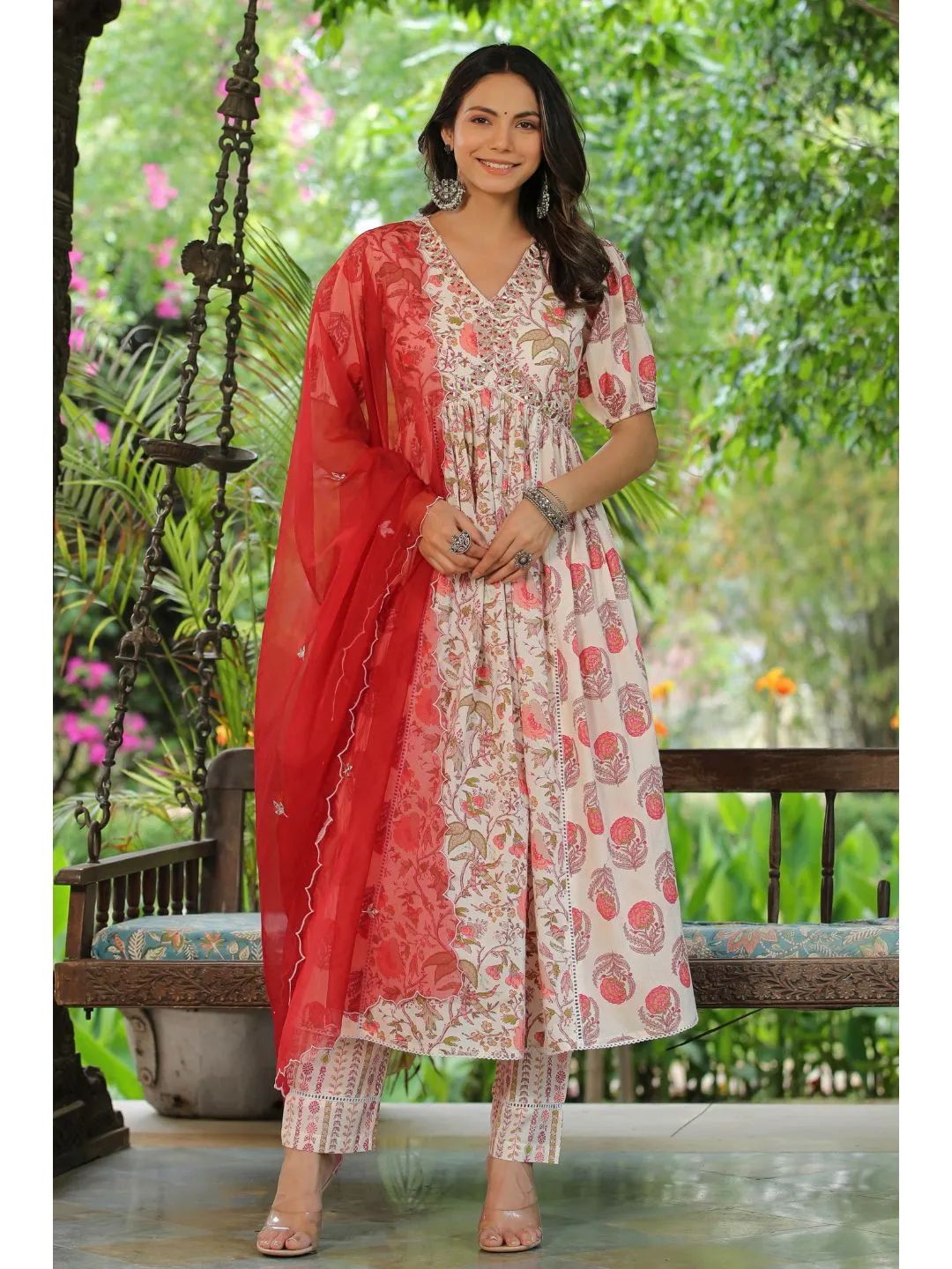 Jasmine White & Red Cotton Embroidery Suit Set