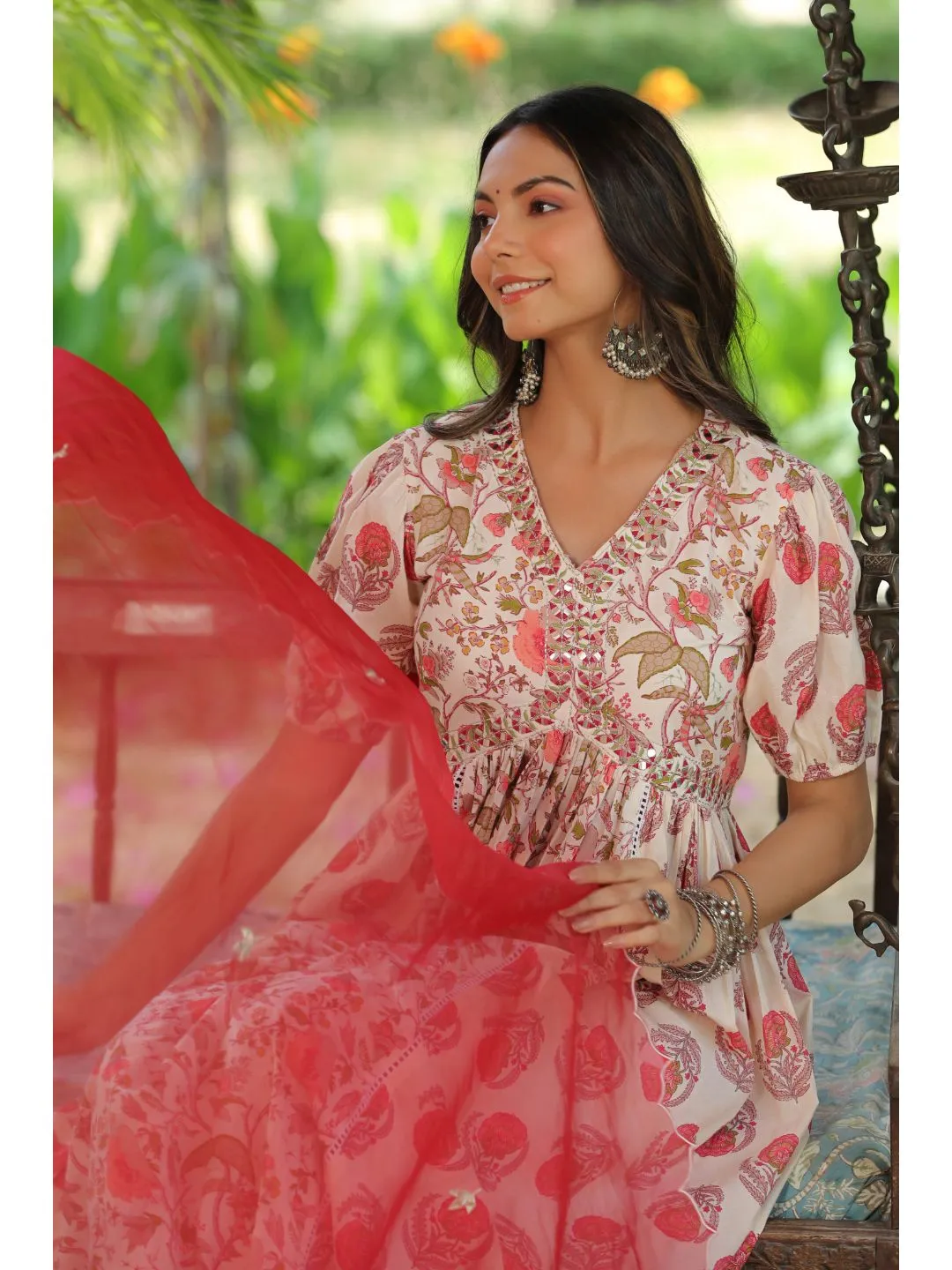 Jasmine White & Red Cotton Embroidery Suit Set