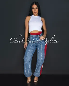 Jivanta Red Blue Denim Sporty Joggers Pants