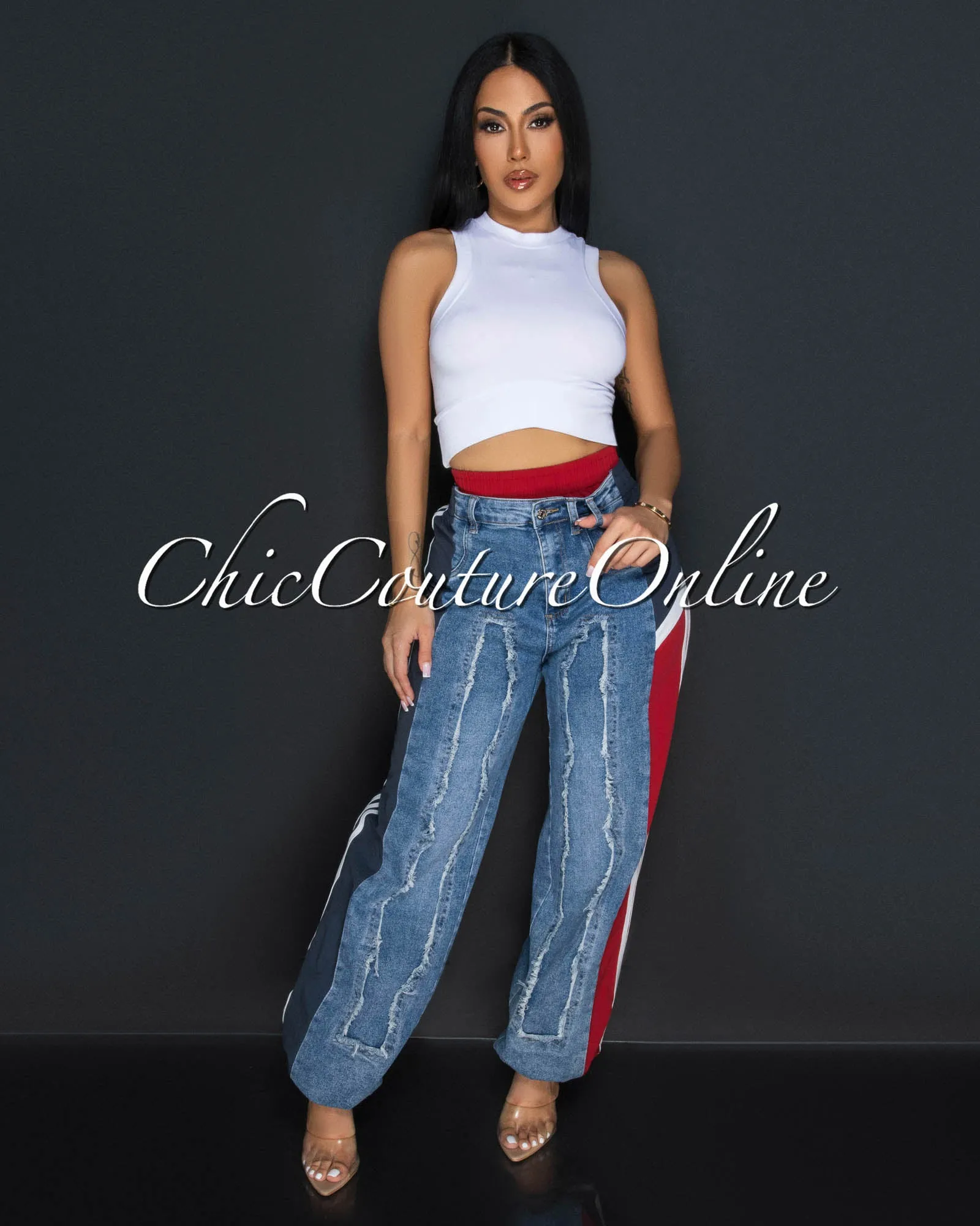 Jivanta Red Blue Denim Sporty Joggers Pants