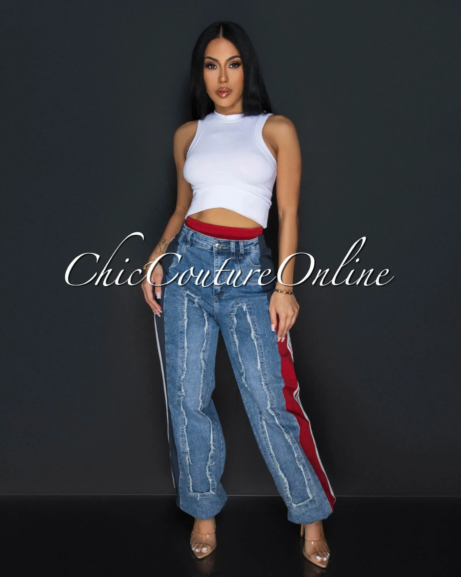 Jivanta Red Blue Denim Sporty Joggers Pants