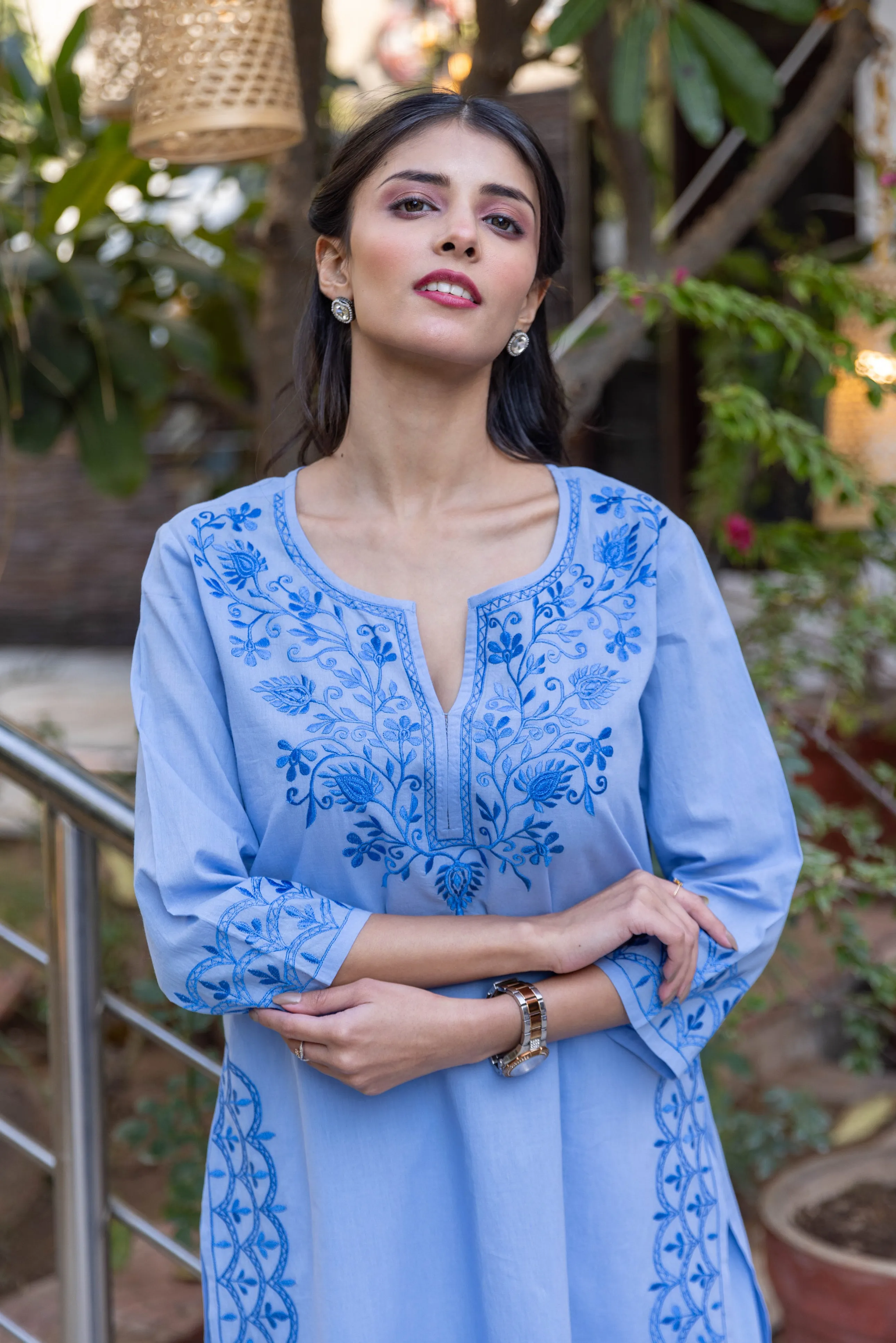 Long Embroidered Paisley Kurta With Palazzo - Light Blue