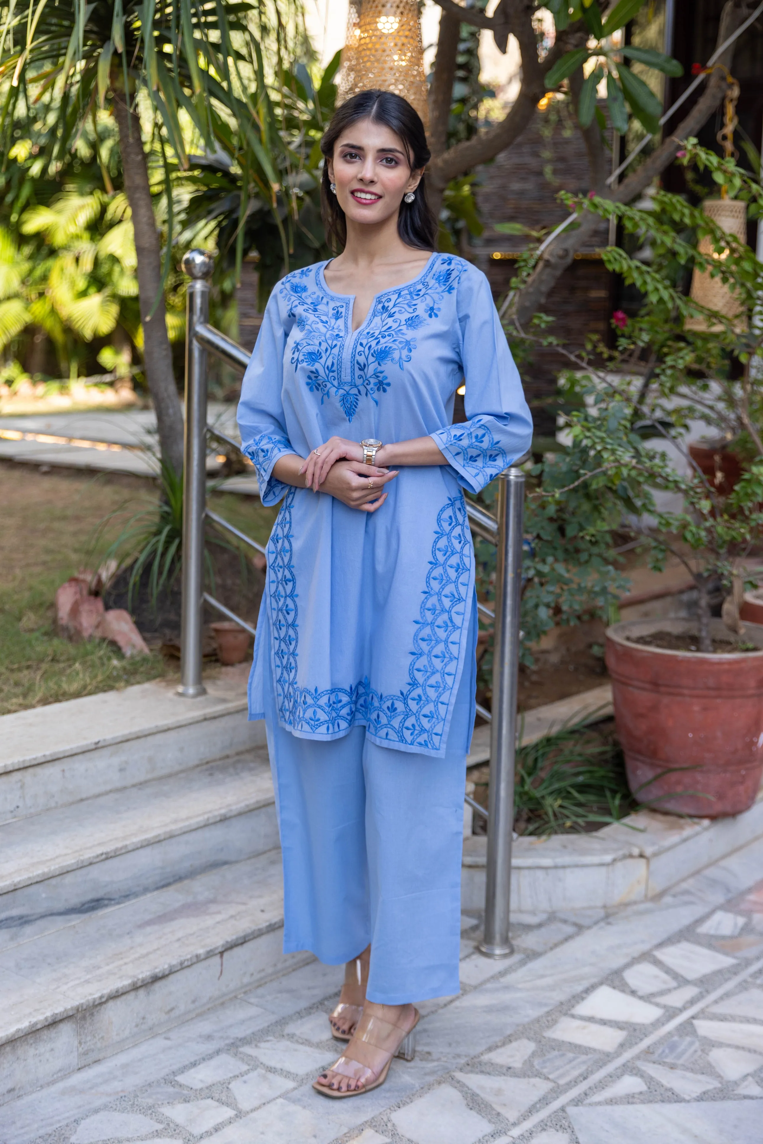 Long Embroidered Paisley Kurta With Palazzo - Light Blue