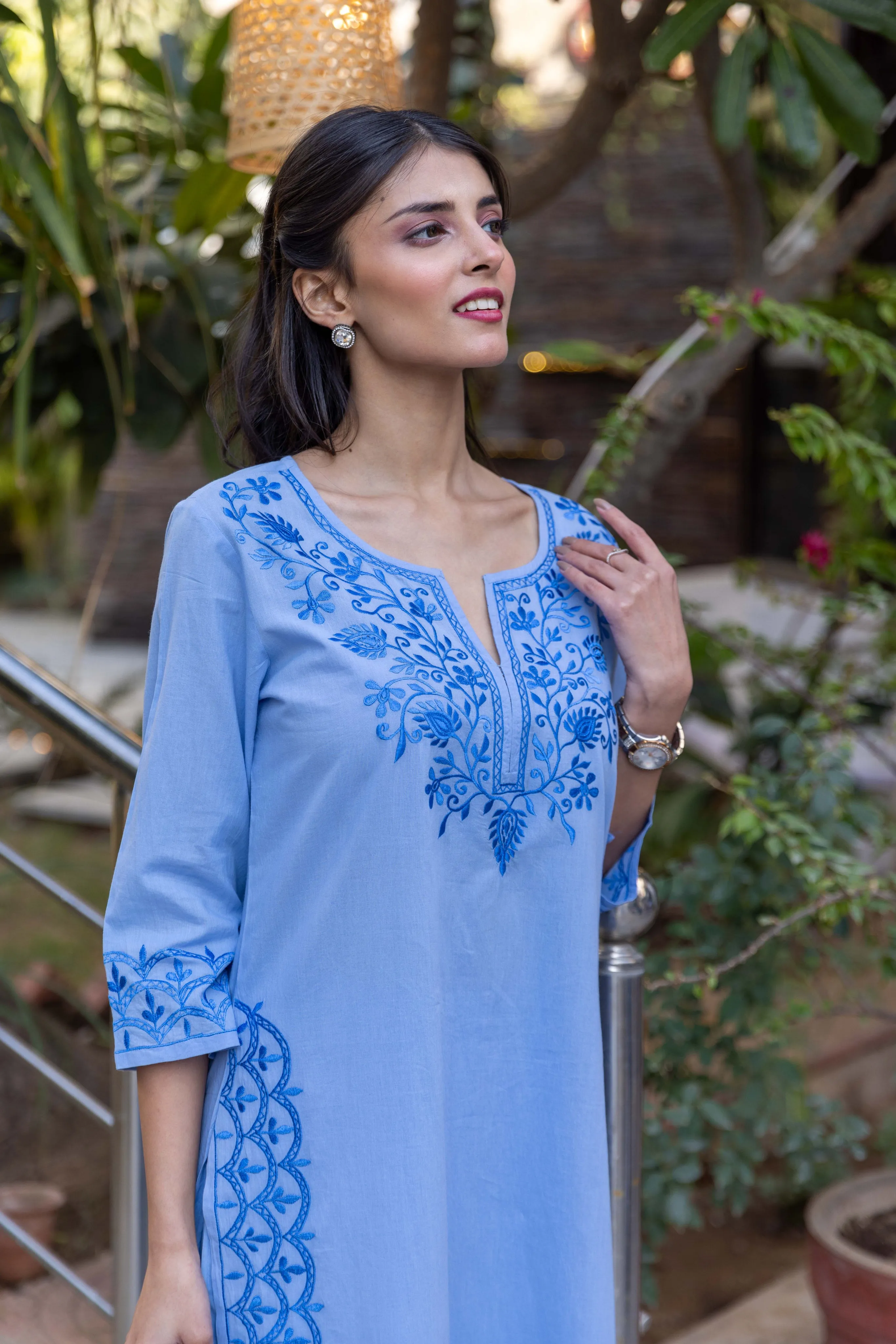 Long Embroidered Paisley Kurta With Palazzo - Light Blue