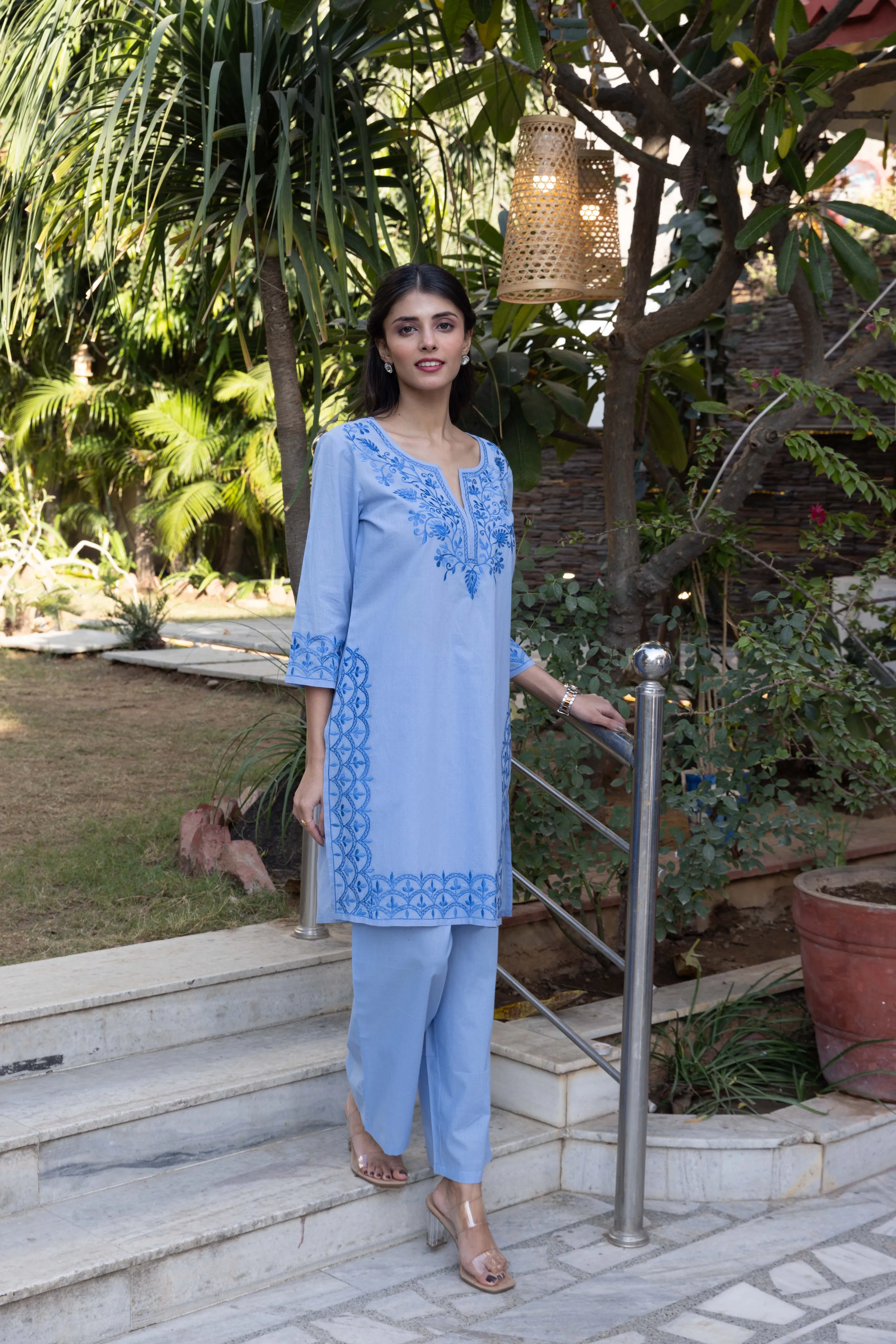 Long Embroidered Paisley Kurta With Palazzo - Light Blue