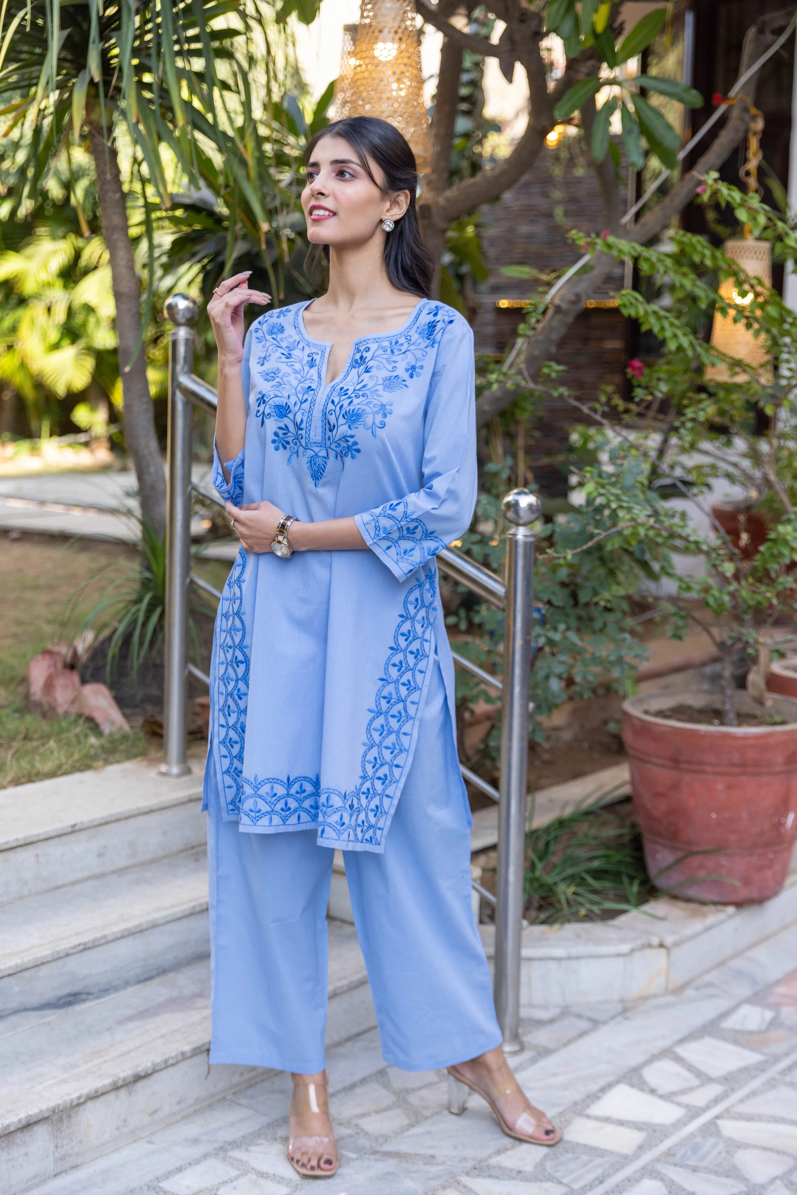 Long Embroidered Paisley Kurta With Palazzo - Light Blue