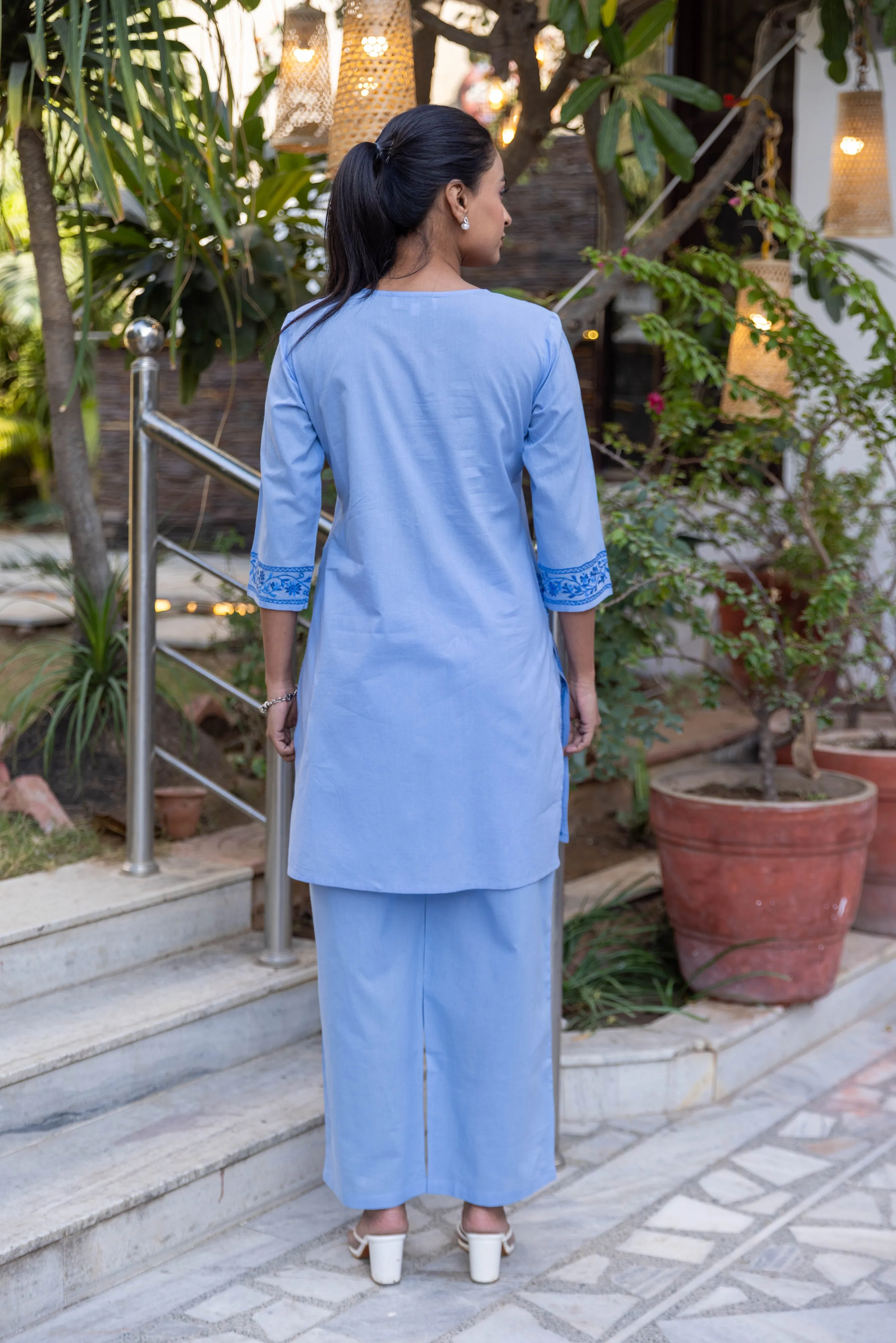 Long Embroidered Paisley Kurta With Palazzo - Light Blue