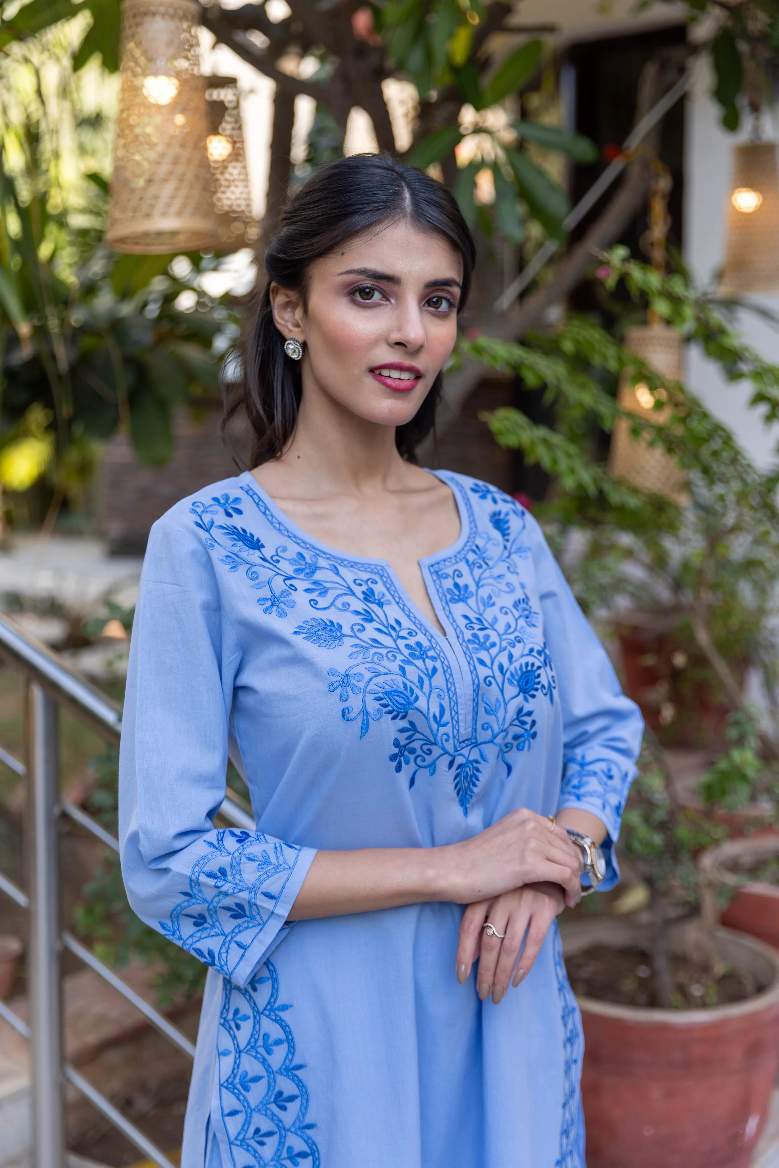 Long Embroidered Paisley Kurta With Palazzo - Light Blue
