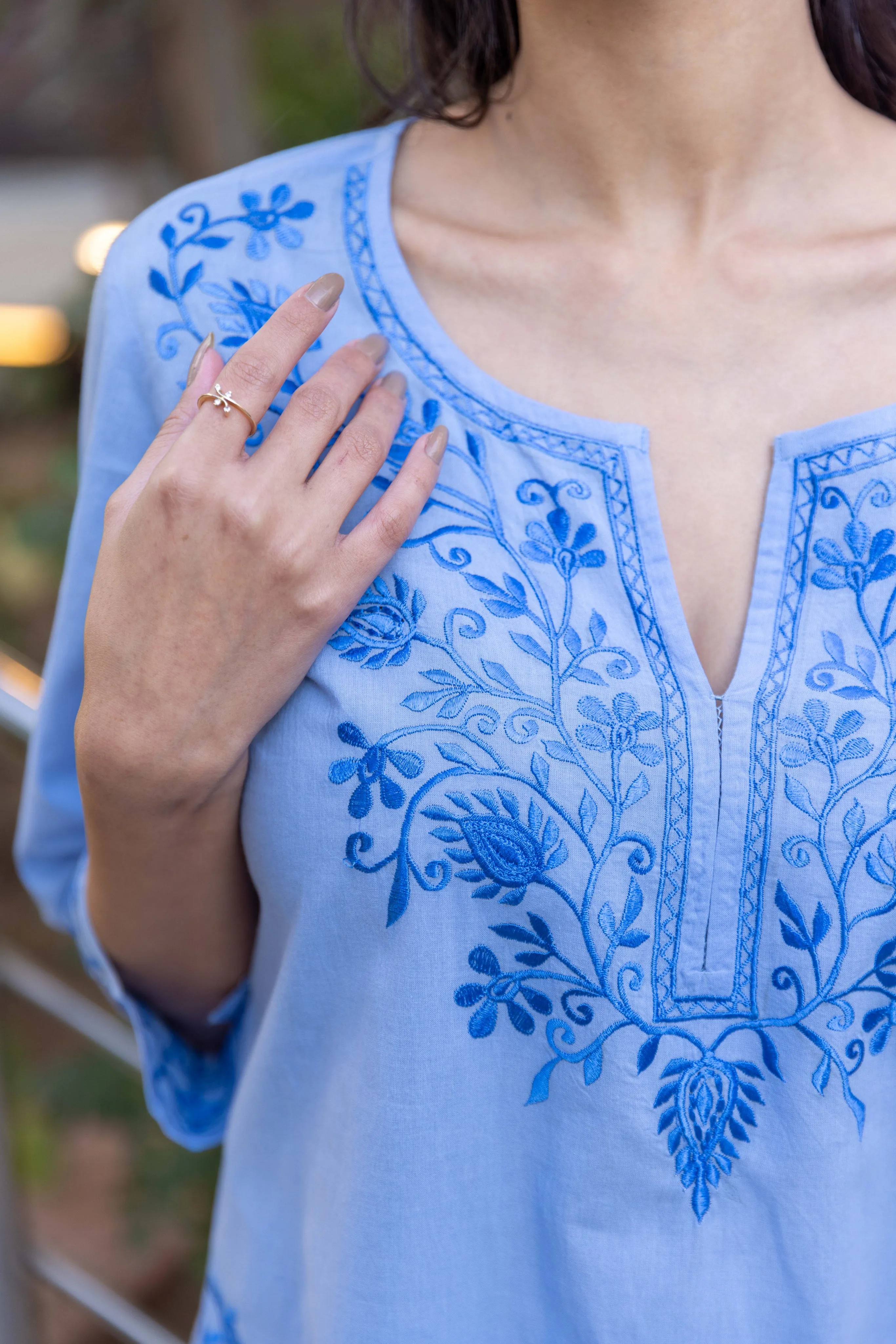 Long Embroidered Paisley Kurta With Palazzo - Light Blue