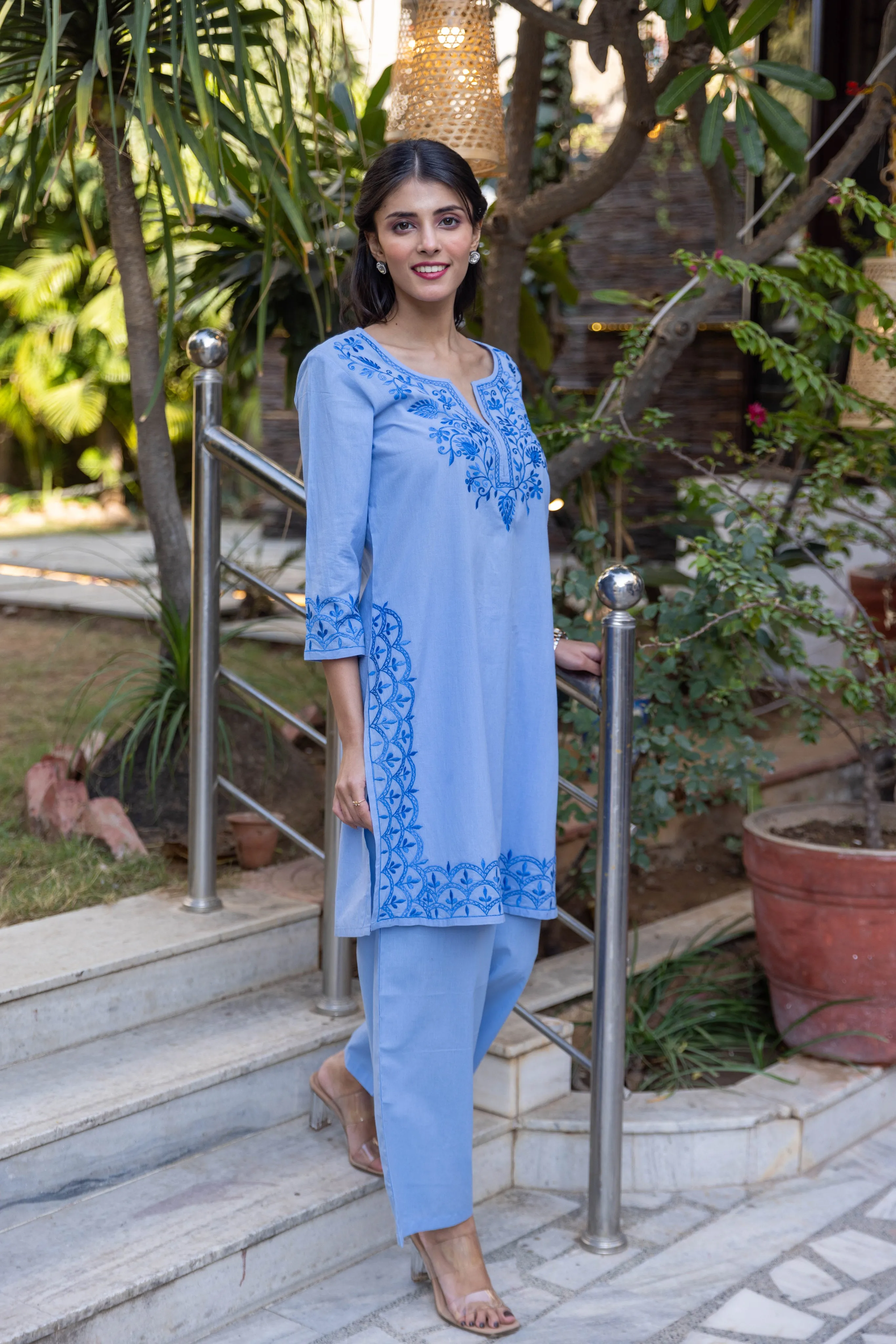 Long Embroidered Paisley Kurta With Palazzo - Light Blue