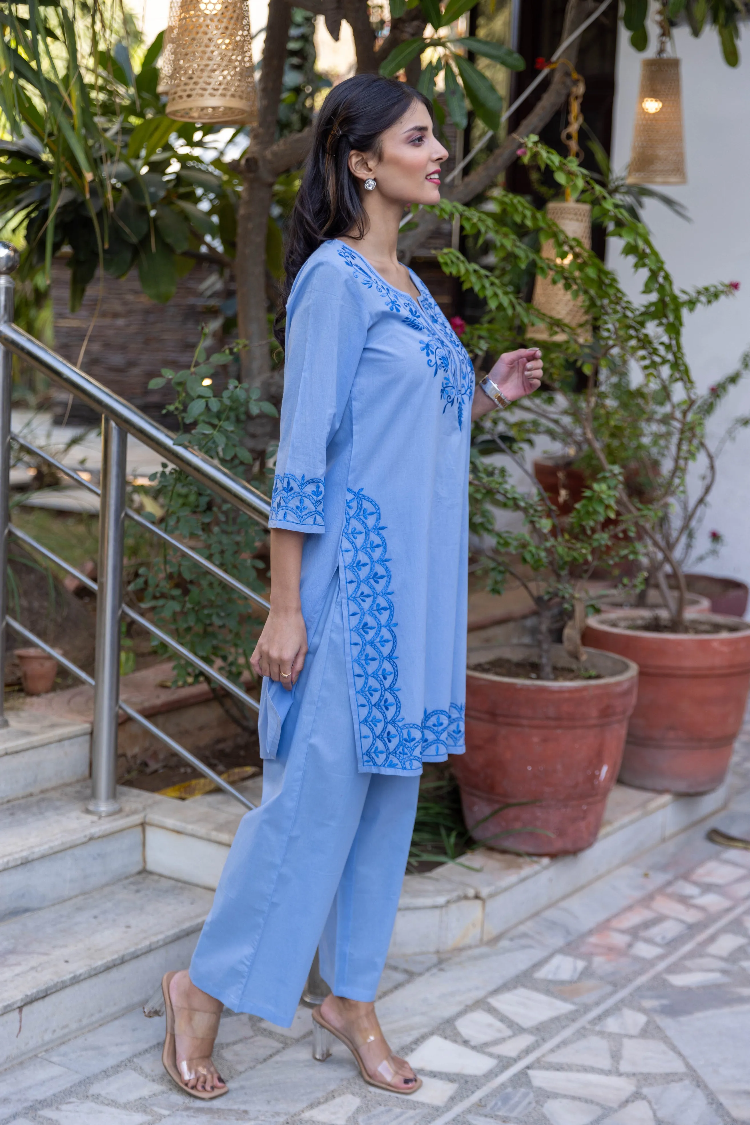 Long Embroidered Paisley Kurta With Palazzo - Light Blue