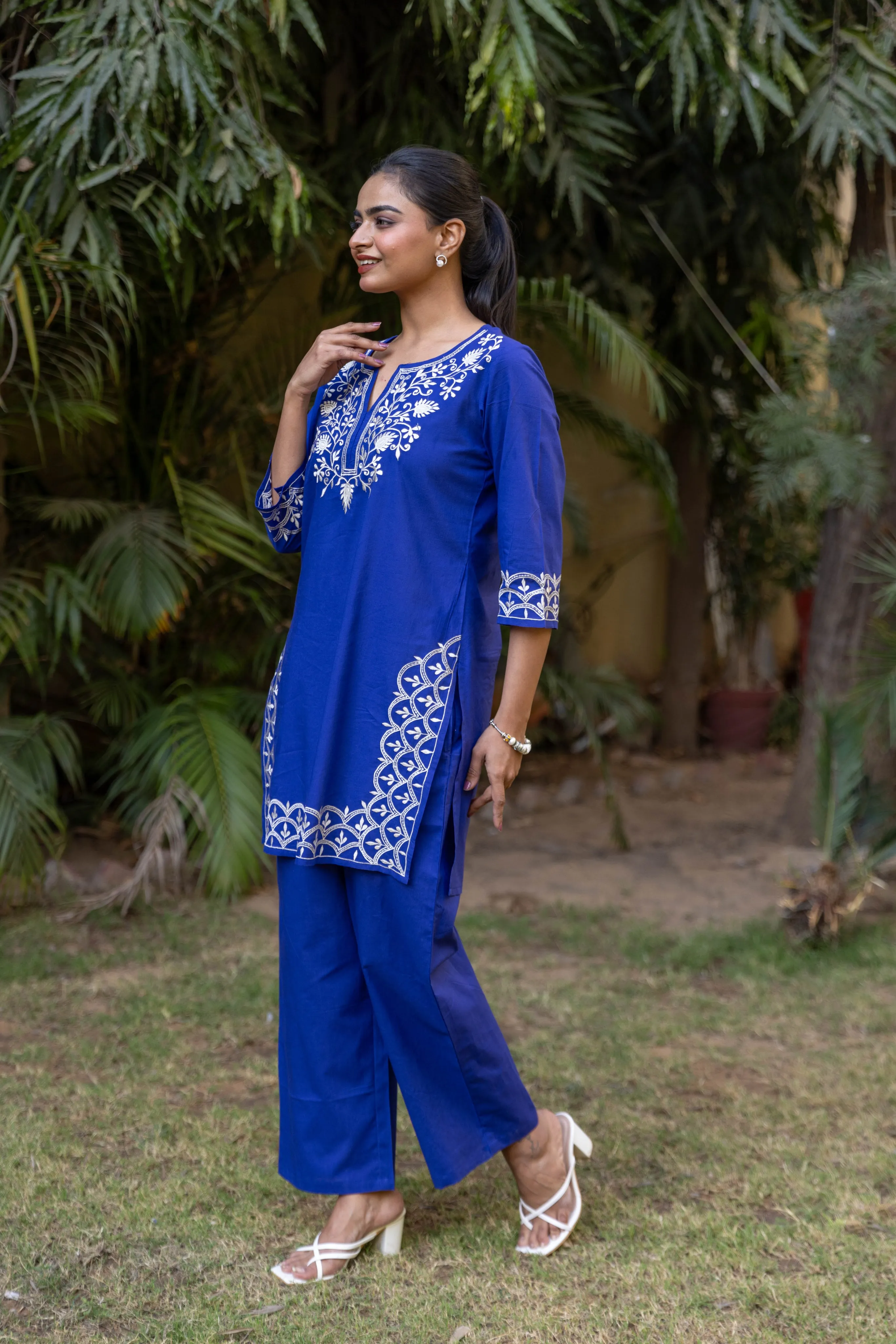 Long Embroidered Paisley Kurta With Palazzo - Royal Blue