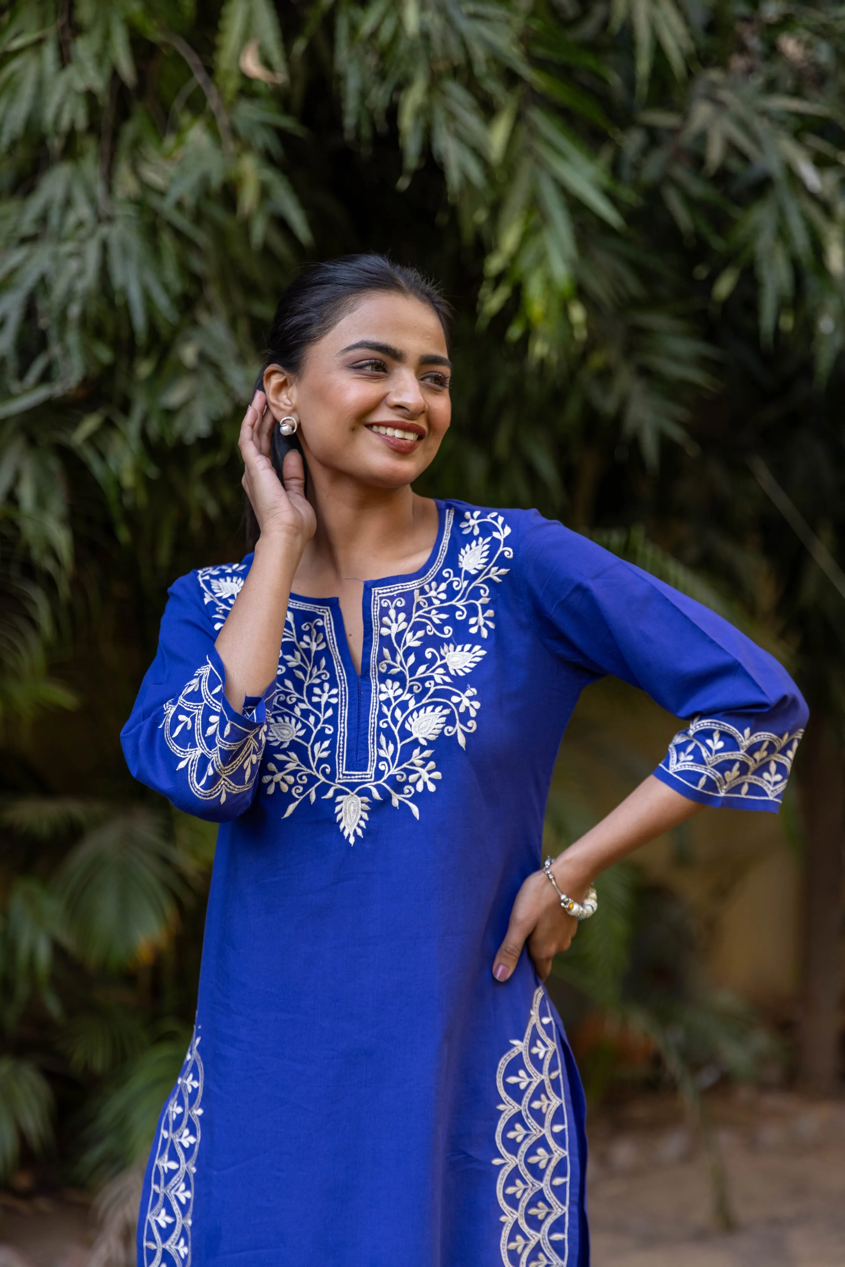 Long Embroidered Paisley Kurta With Palazzo - Royal Blue