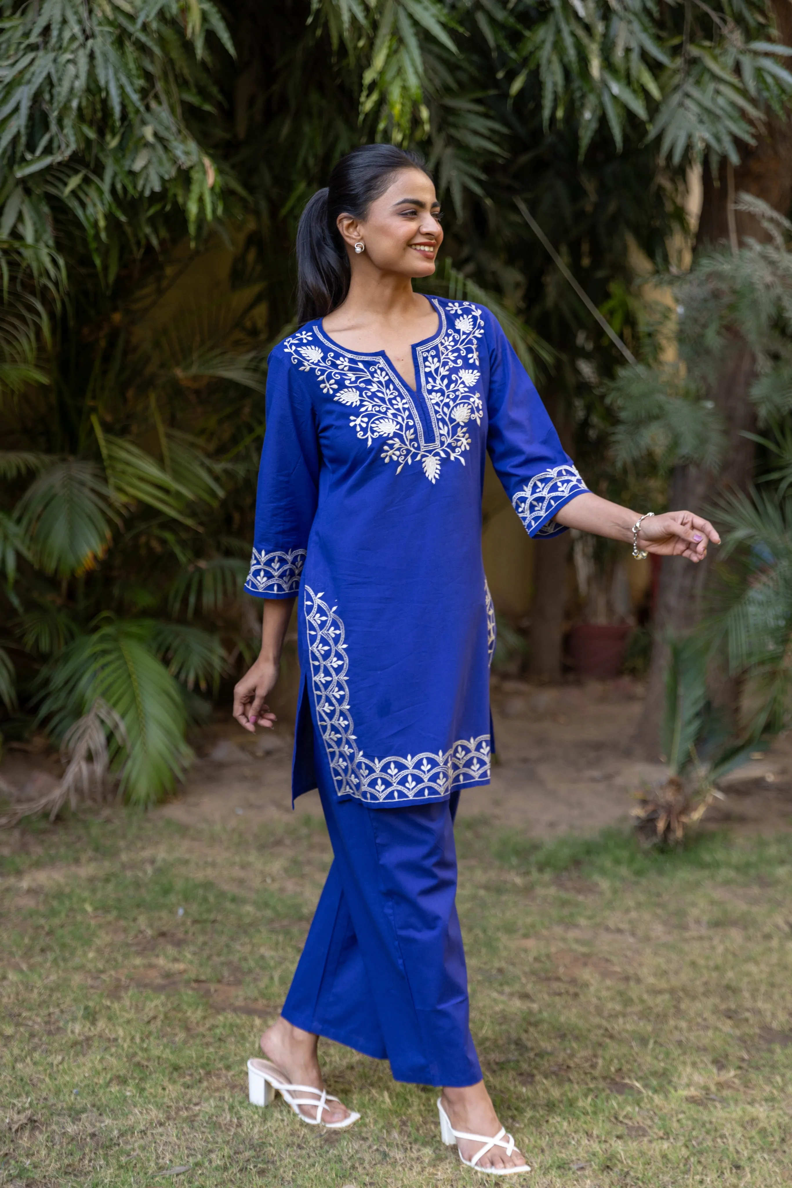Long Embroidered Paisley Kurta With Palazzo - Royal Blue