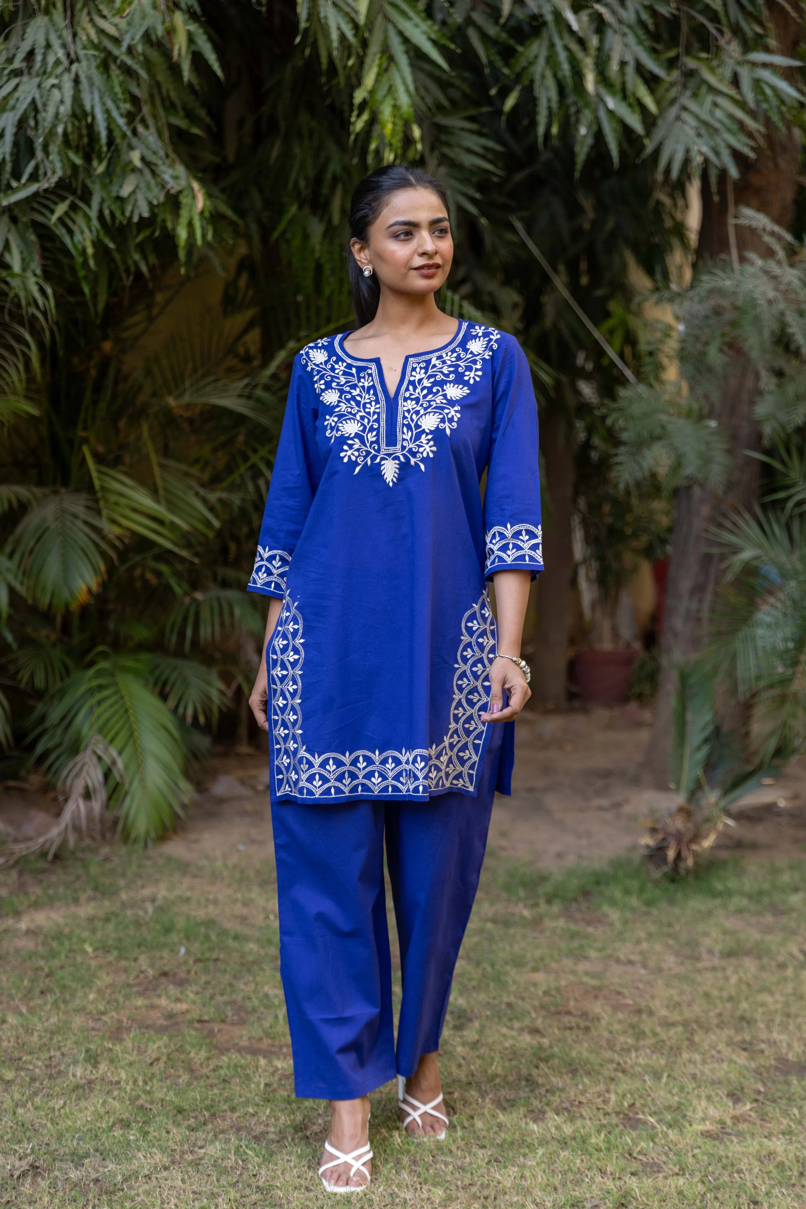 Long Embroidered Paisley Kurta With Palazzo - Royal Blue