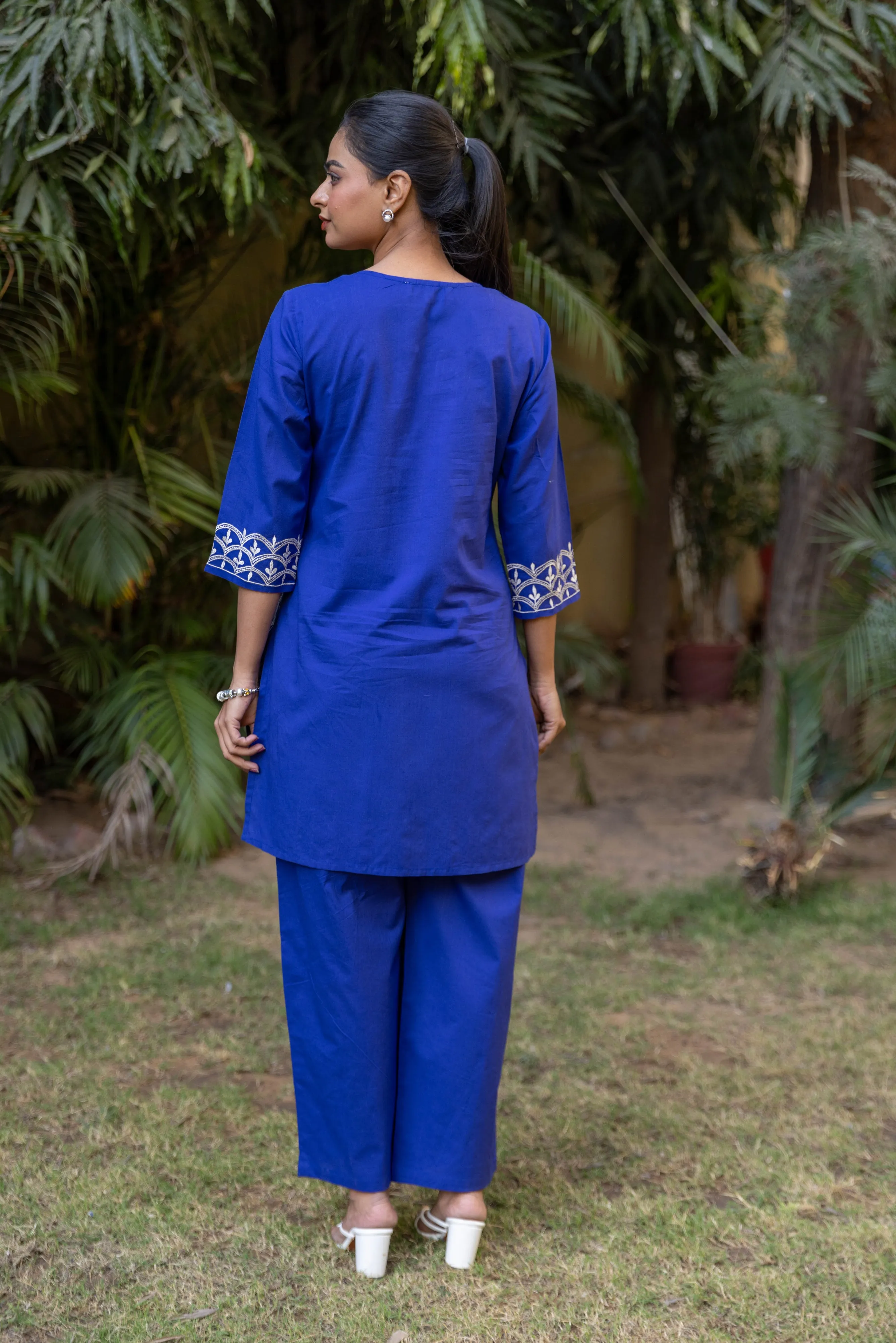 Long Embroidered Paisley Kurta With Palazzo - Royal Blue