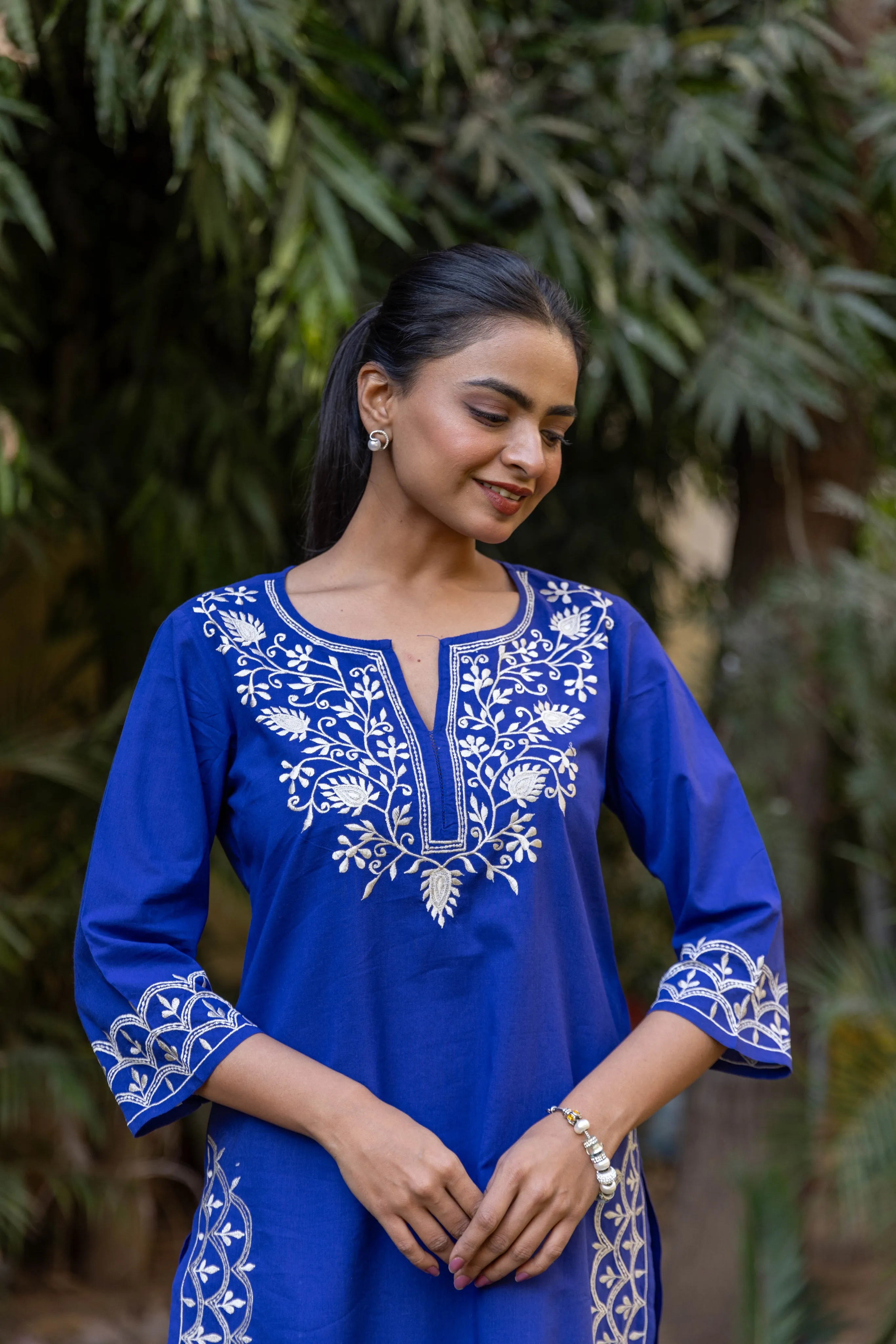 Long Embroidered Paisley Kurta With Palazzo - Royal Blue