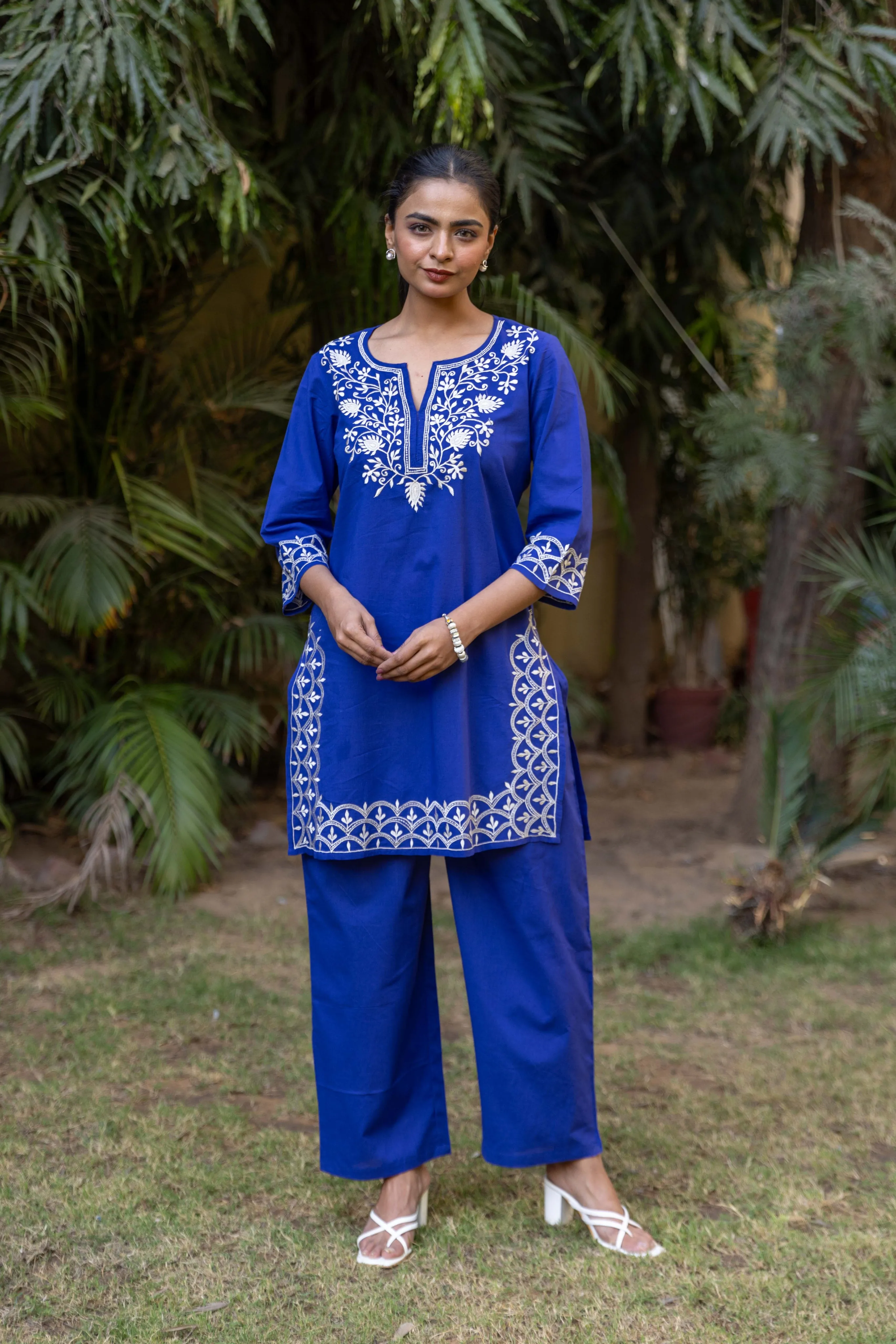 Long Embroidered Paisley Kurta With Palazzo - Royal Blue