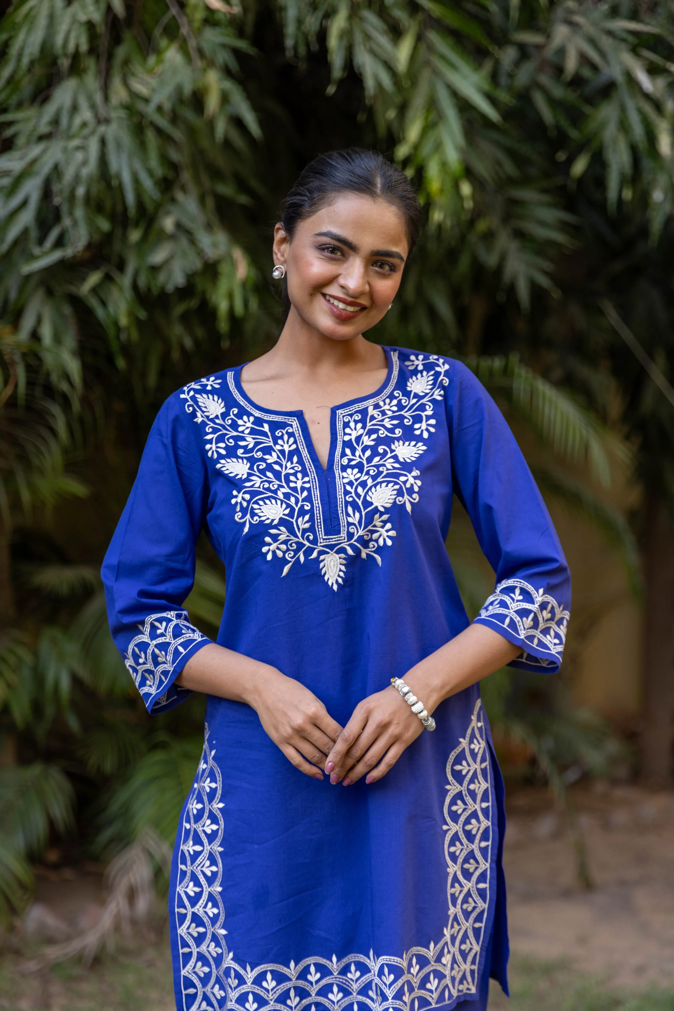 Long Embroidered Paisley Kurta With Palazzo - Royal Blue