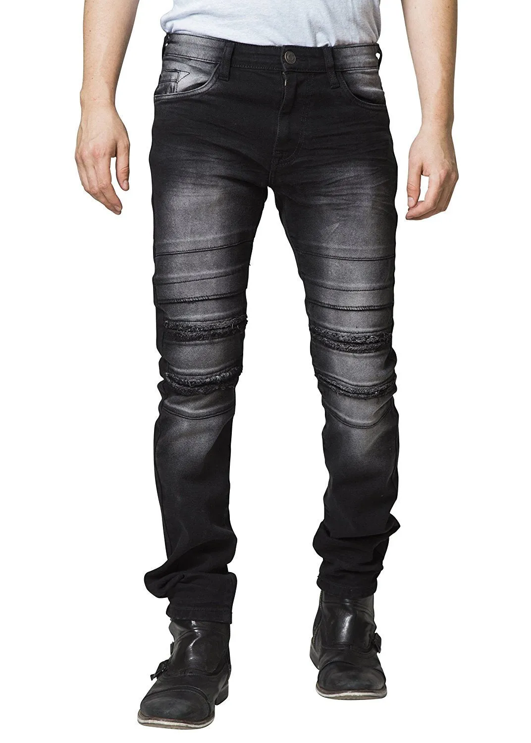 Mad Blue Men's Biker Slim Fit Tapered Leg Distressed Moto Style Jeans - Available in More Designs