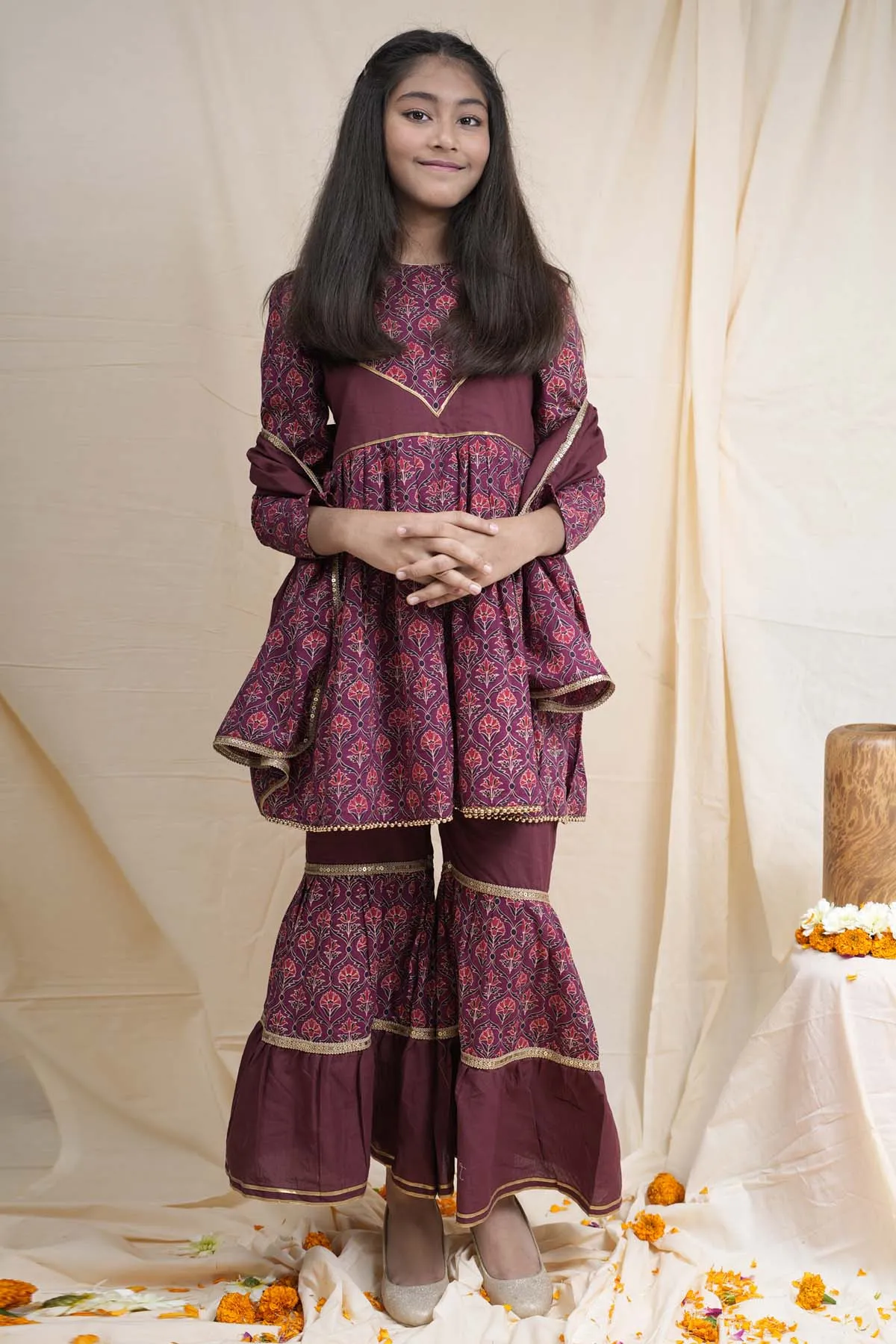 Maroon Printed Short Kurta Set