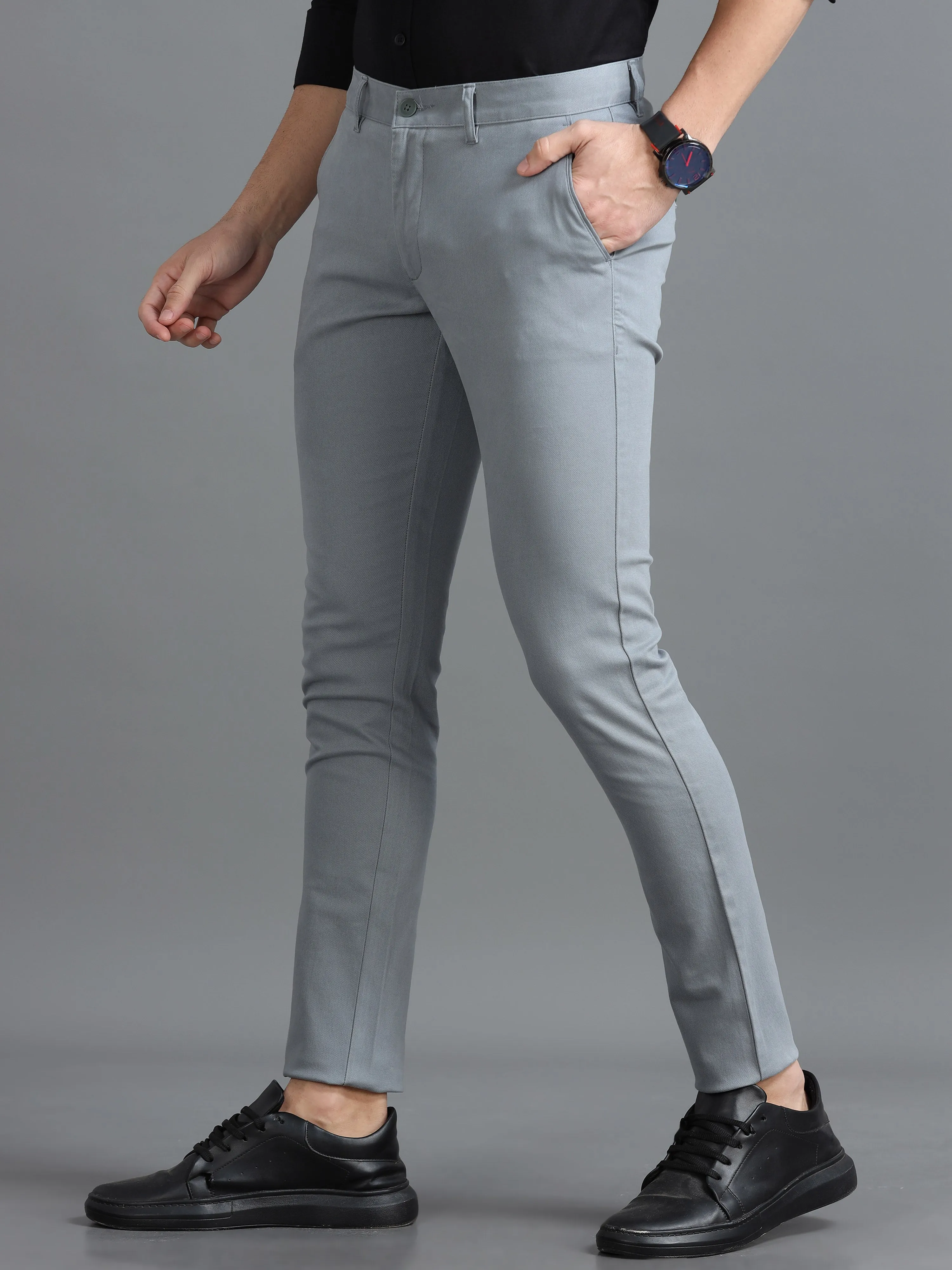 Men Light Grey Ankle Fit Dobby Cotton Casual Trousers