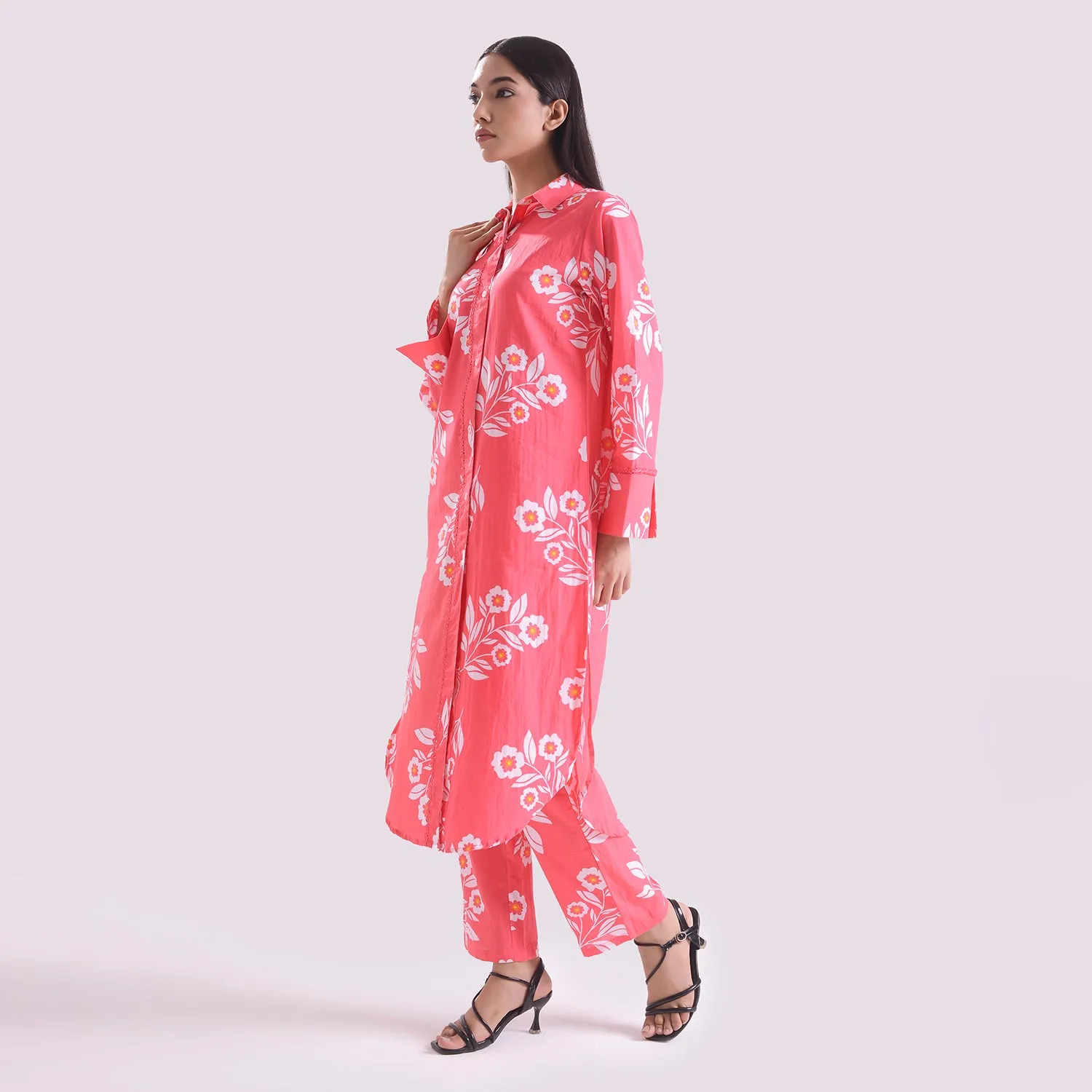 Pink poplin Long shirt with pant set of 2