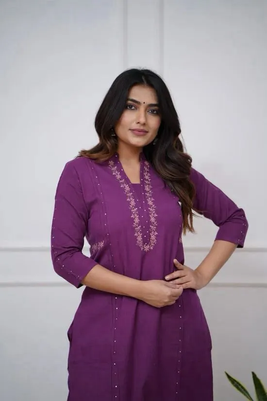 purple Embroidered Kurta Pant Set