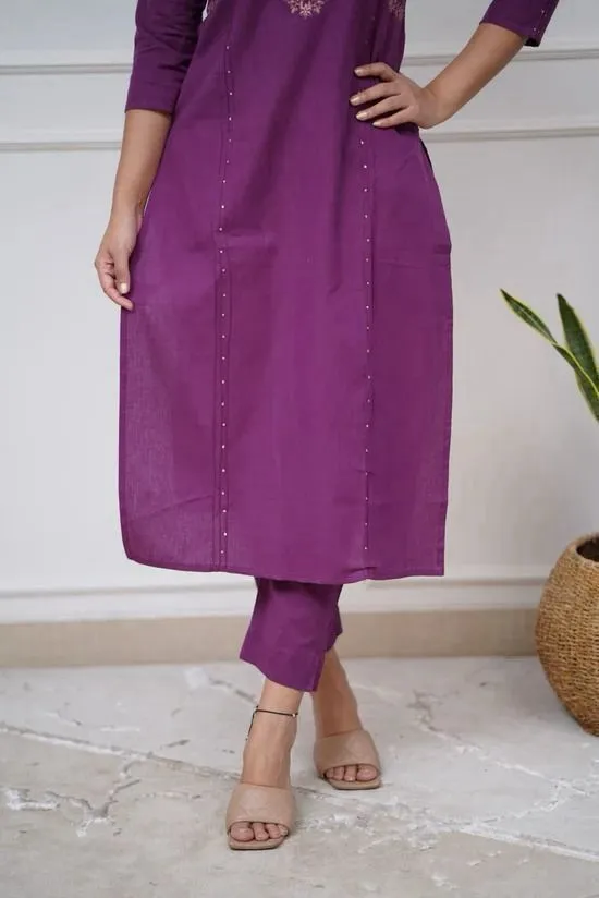 purple Embroidered Kurta Pant Set