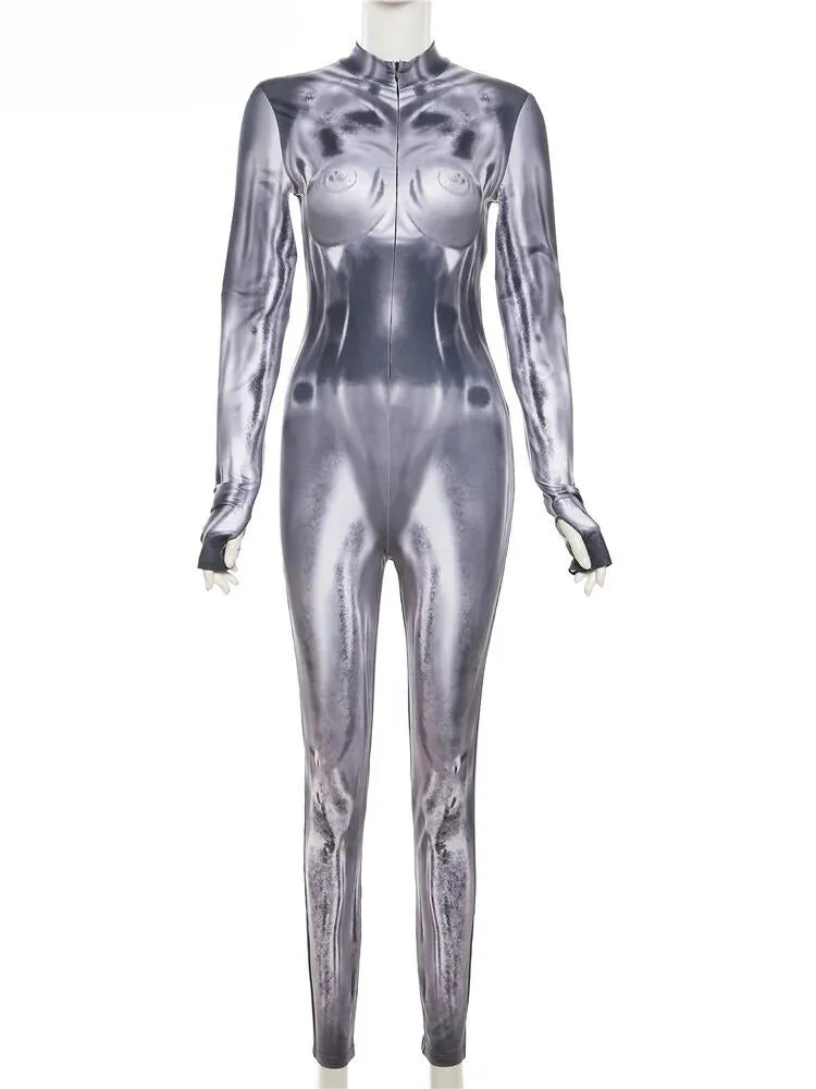 "Discover Style with T-BOO Women's Sexy Aesthetic Print Jumpsuit: Long Sleeve Zip, Trendy Sporty Fitness Streetwear Overalls"