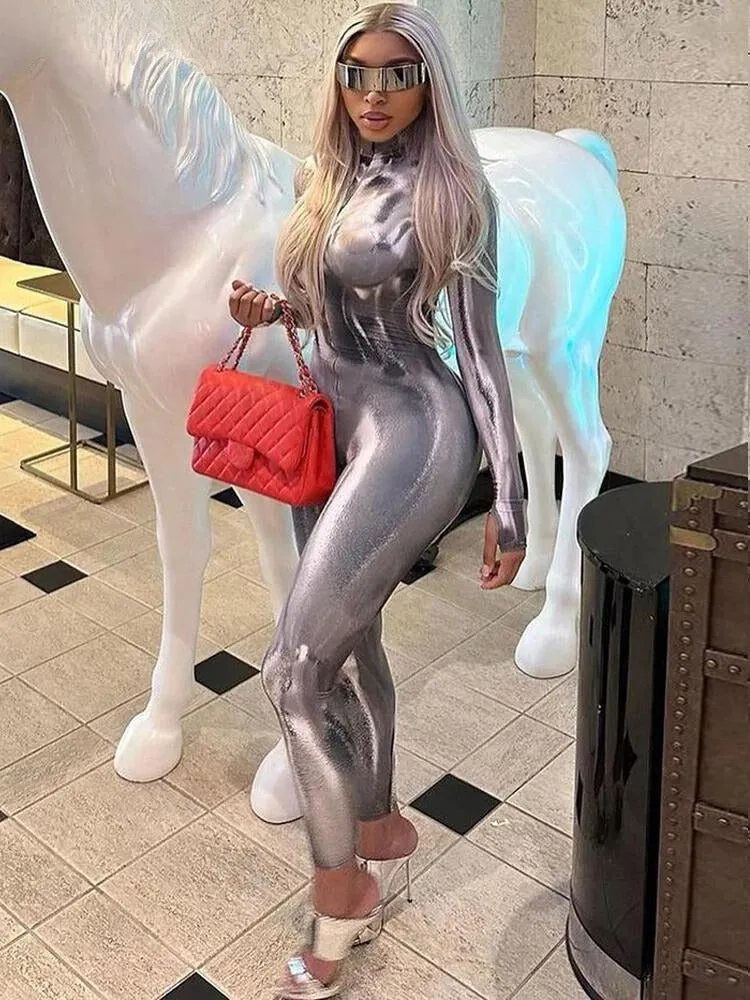 "Discover Style with T-BOO Women's Sexy Aesthetic Print Jumpsuit: Long Sleeve Zip, Trendy Sporty Fitness Streetwear Overalls"