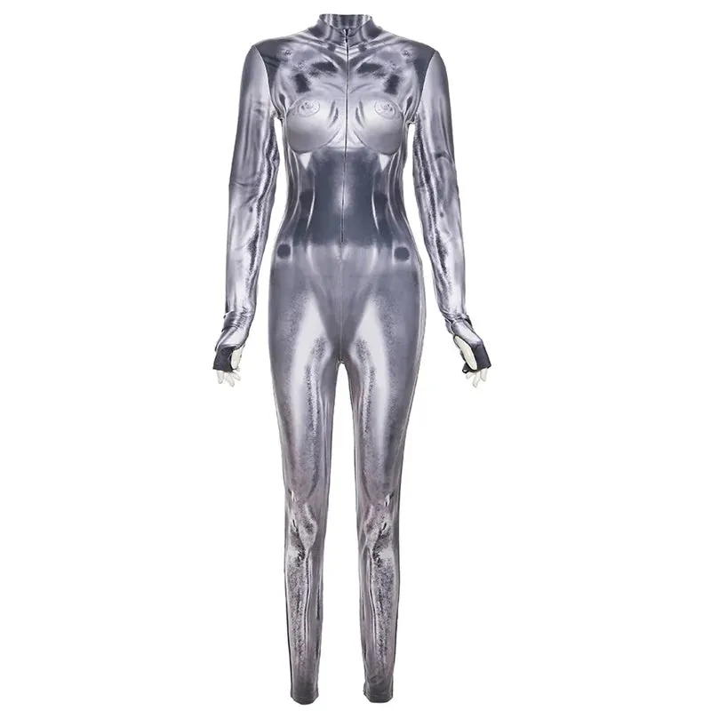 "Discover Style with T-BOO Women's Sexy Aesthetic Print Jumpsuit: Long Sleeve Zip, Trendy Sporty Fitness Streetwear Overalls"