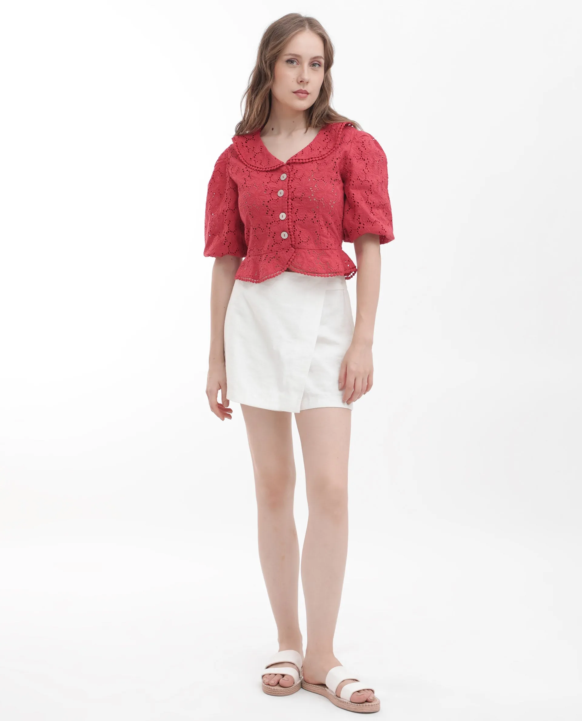 Rareism Women Mysterio Pastel Pink Schiflli Fabric Short Sleeves Button Closure Ruffled Neck Balloon Sleeve Regular Fit Schiffili Cropped Top