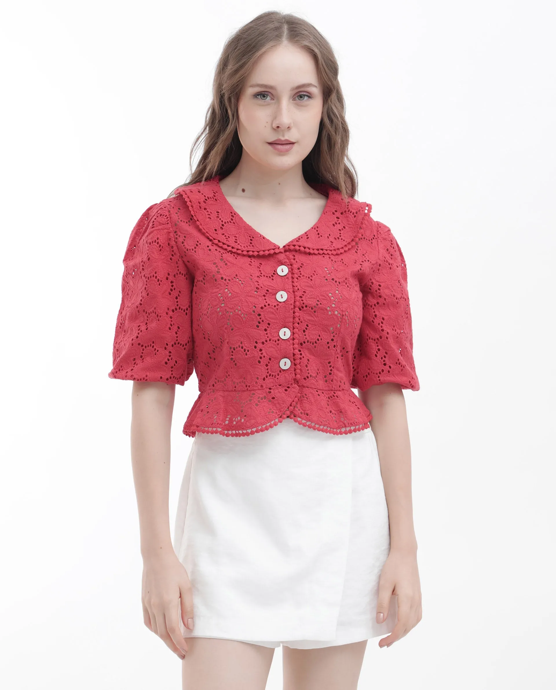 Rareism Women Mysterio Pastel Pink Schiflli Fabric Short Sleeves Button Closure Ruffled Neck Balloon Sleeve Regular Fit Schiffili Cropped Top