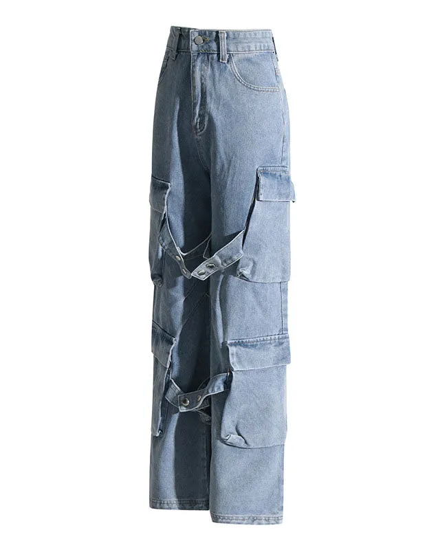 Retro Multi-Pocket Strappy Jeans Women’s Straight Casual Trousers