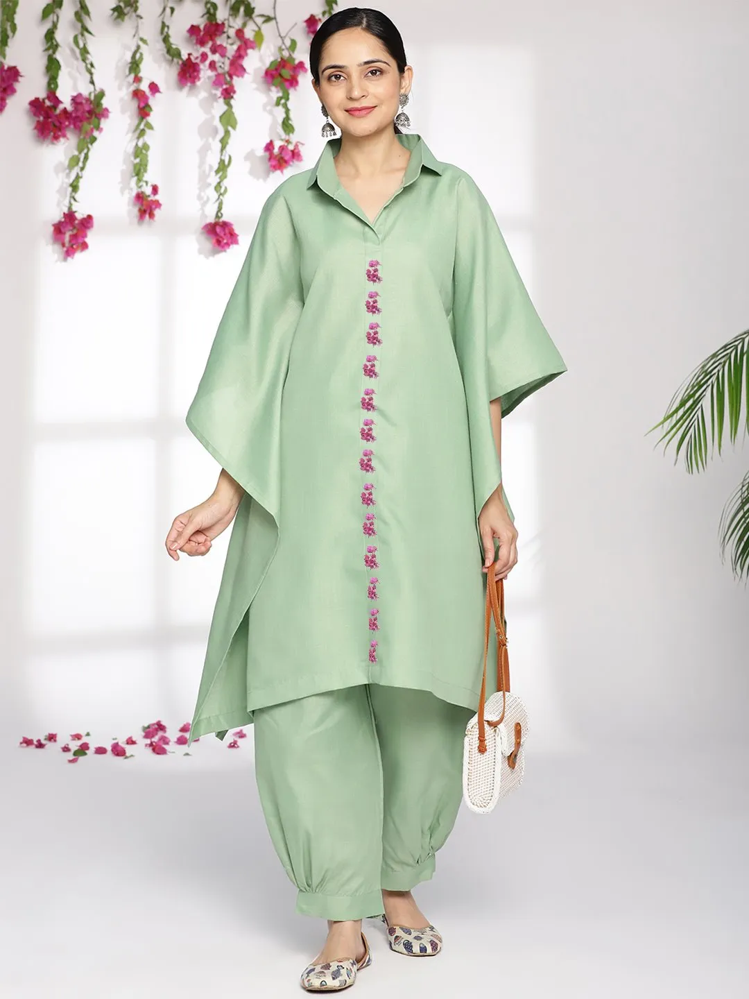 SageGreen CottonSlub ShirtKaftan - Cynthia