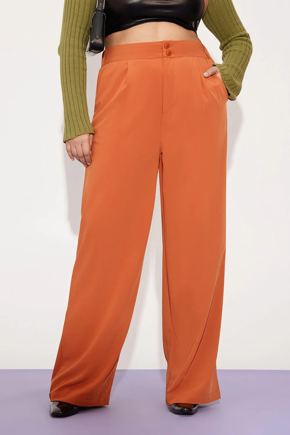 Sienna Rust Curve Pleated Double Button Korean Pants