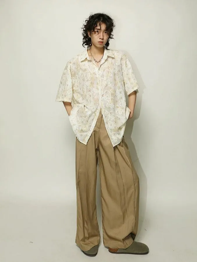 Textured Floral Print Oversized Short Sleeve Shirt