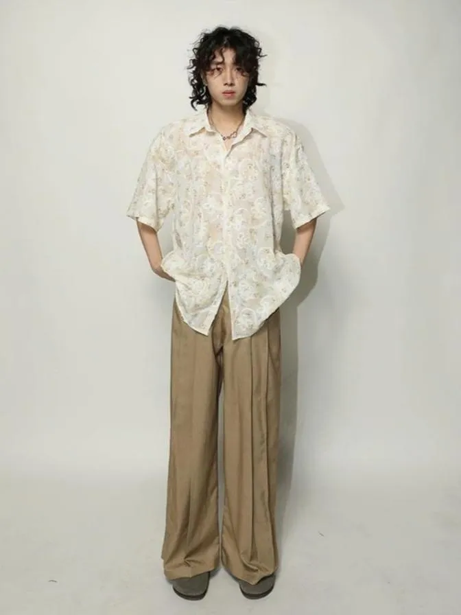 Textured Floral Print Oversized Short Sleeve Shirt