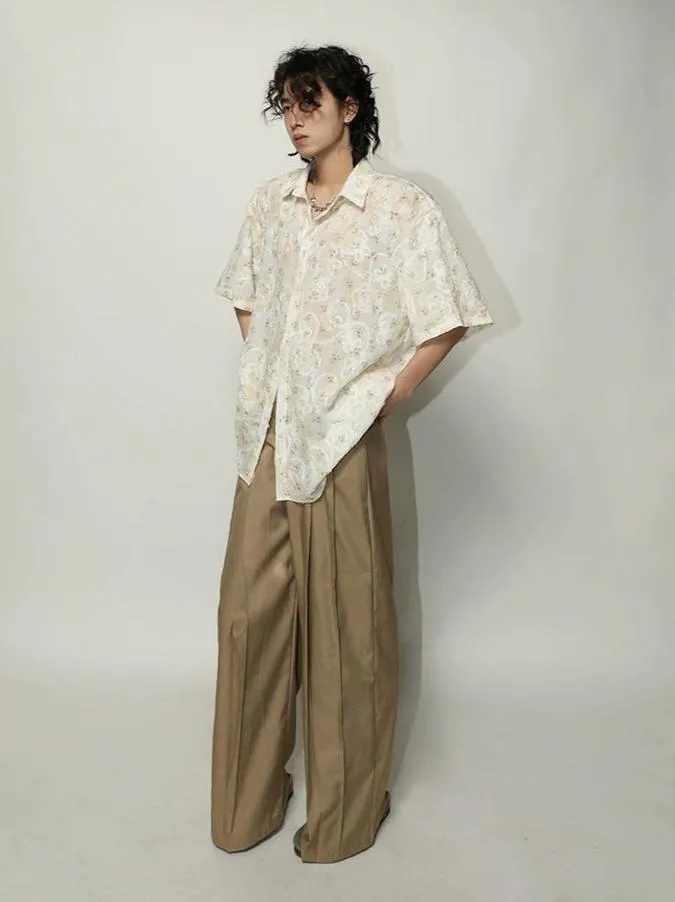 Textured Floral Print Oversized Short Sleeve Shirt