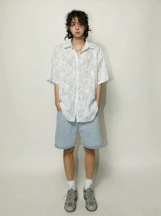 Textured Floral Print Oversized Short Sleeve Shirt